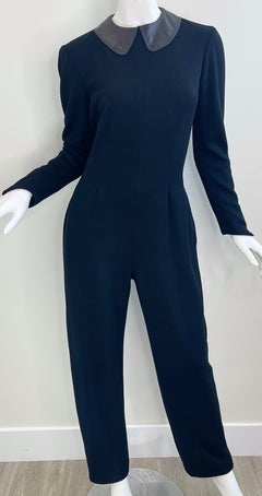 1980s Geoffrey Beene Size 10 Vintage Black Wool Jumpsuit Leather Collar Pockets