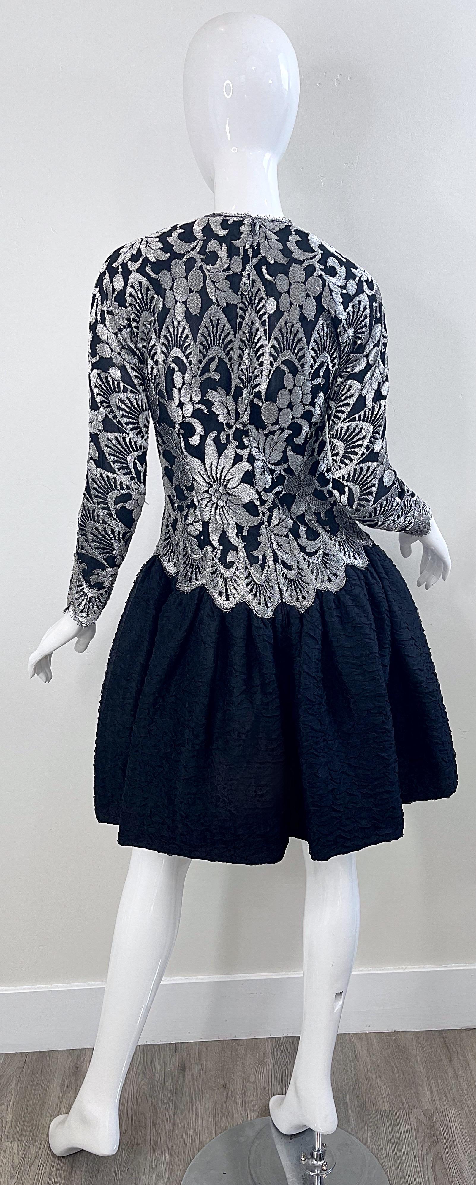 1980s Geoffrey Beene Size 6 Black Silver Silk Lace Vintage Log Sleeve 80s Dress For Sale 6