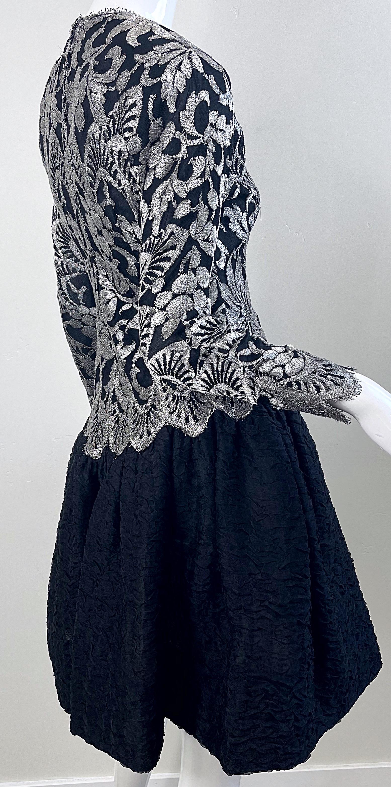 1980s Geoffrey Beene Size 6 Black Silver Silk Lace Vintage Log Sleeve 80s Dress For Sale 8