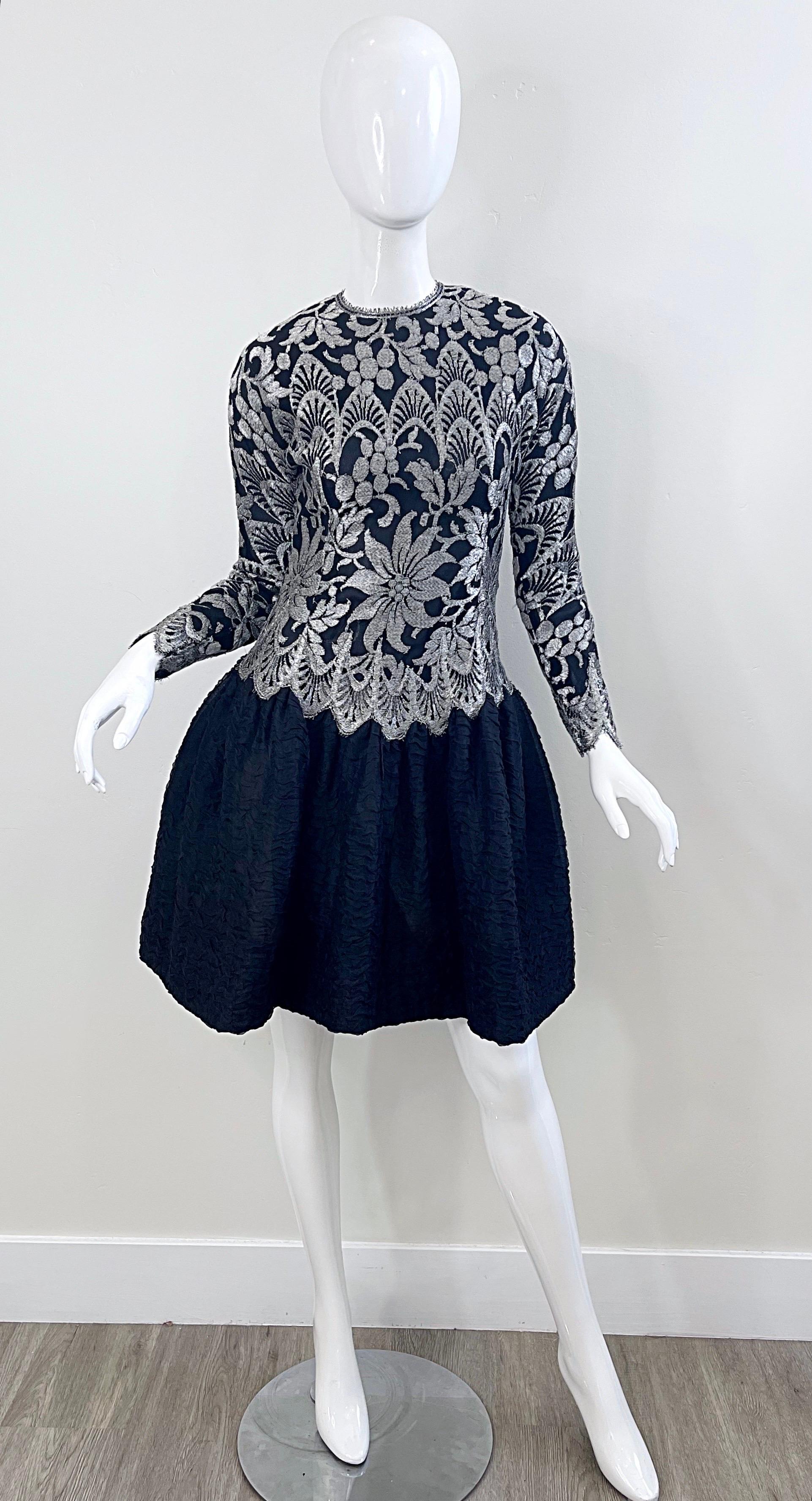 1980s Geoffrey Beene Size 6 Black Silver Silk Lace Vintage Log Sleeve 80s Dress In Excellent Condition For Sale In San Diego, CA