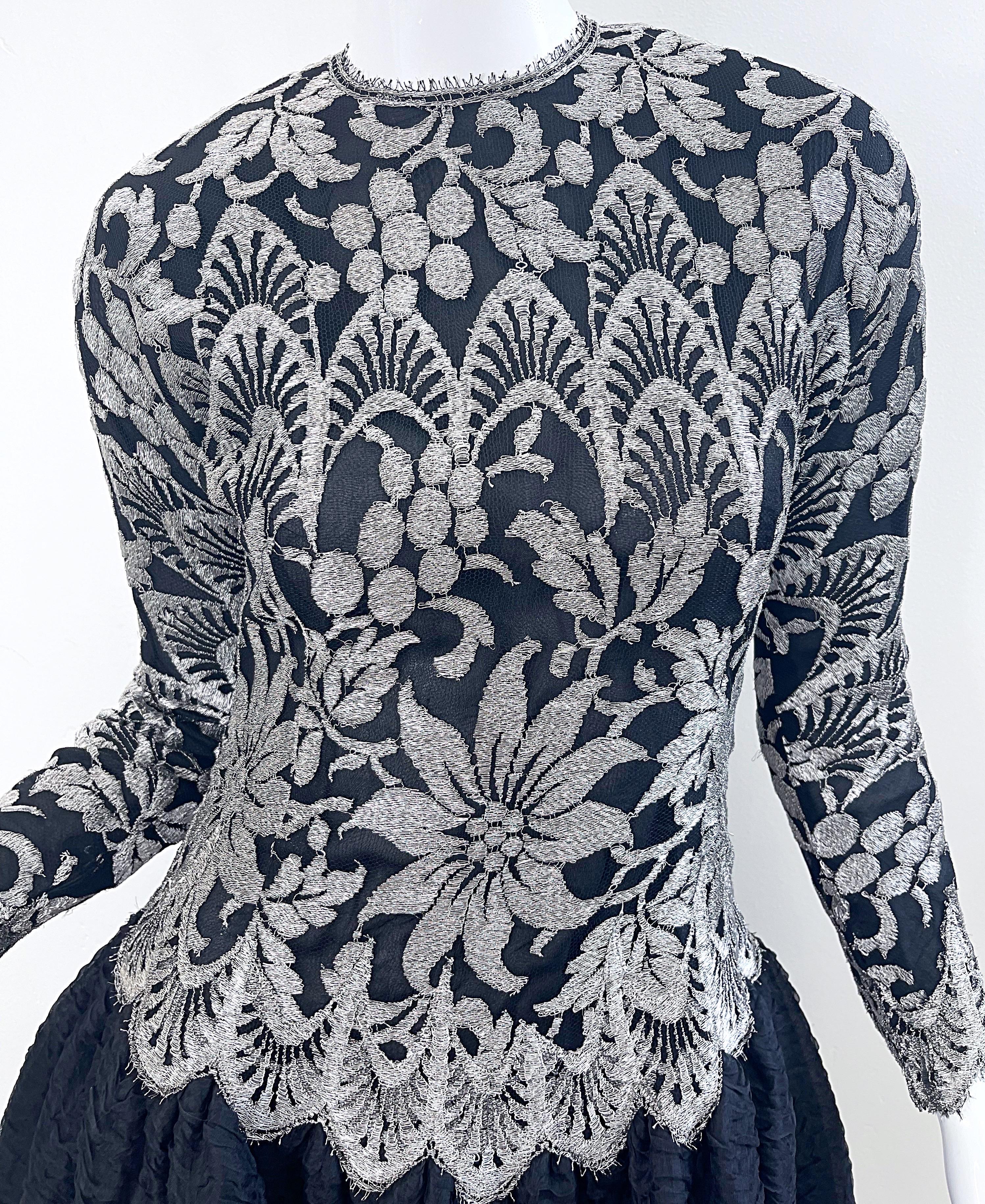 Women's 1980s Geoffrey Beene Size 6 Black Silver Silk Lace Vintage Log Sleeve 80s Dress For Sale