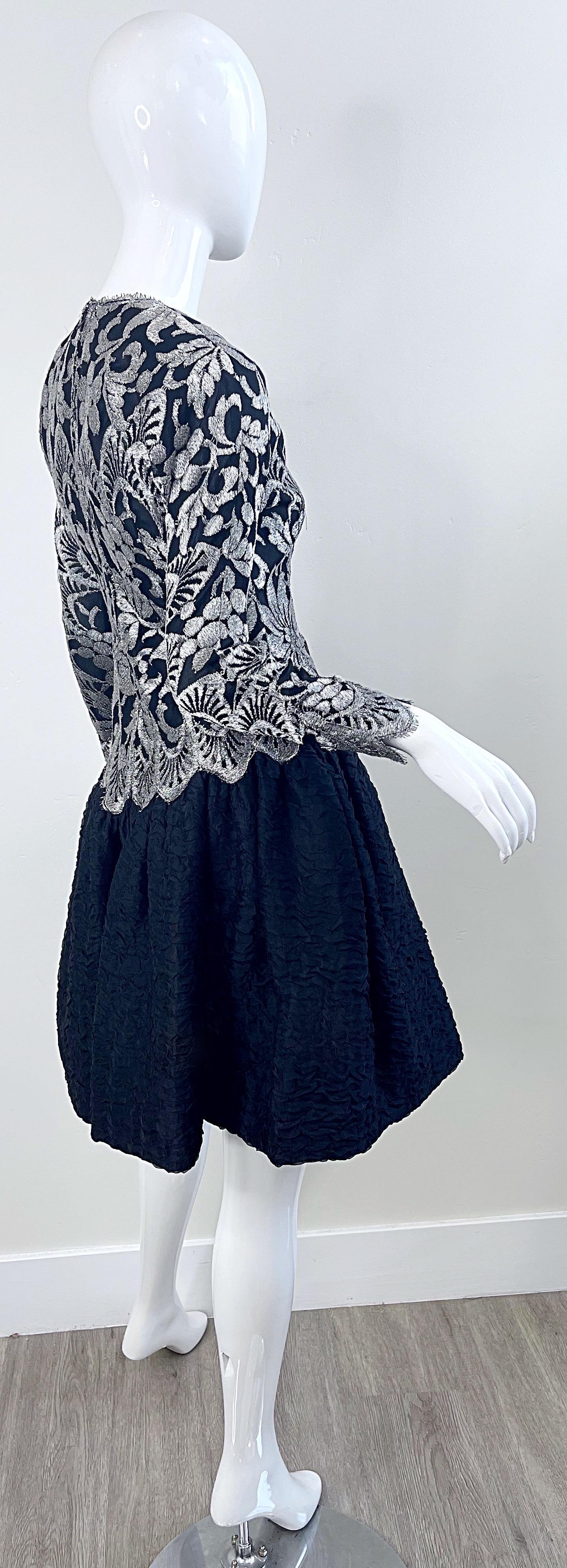 1980s Geoffrey Beene Size 6 Black Silver Silk Lace Vintage Log Sleeve 80s Dress For Sale 1