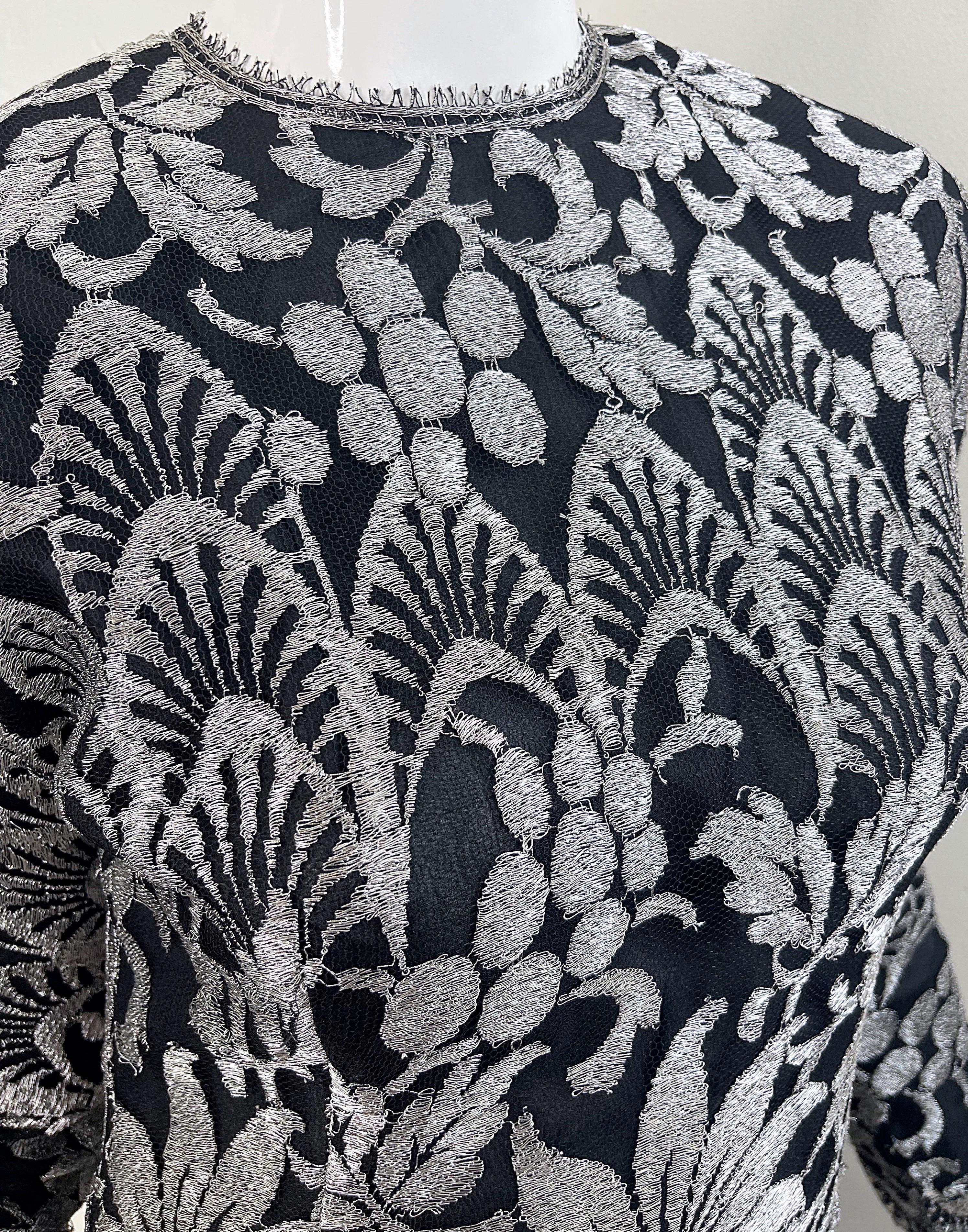 1980s Geoffrey Beene Size 6 Black Silver Silk Lace Vintage Log Sleeve 80s Dress For Sale 3