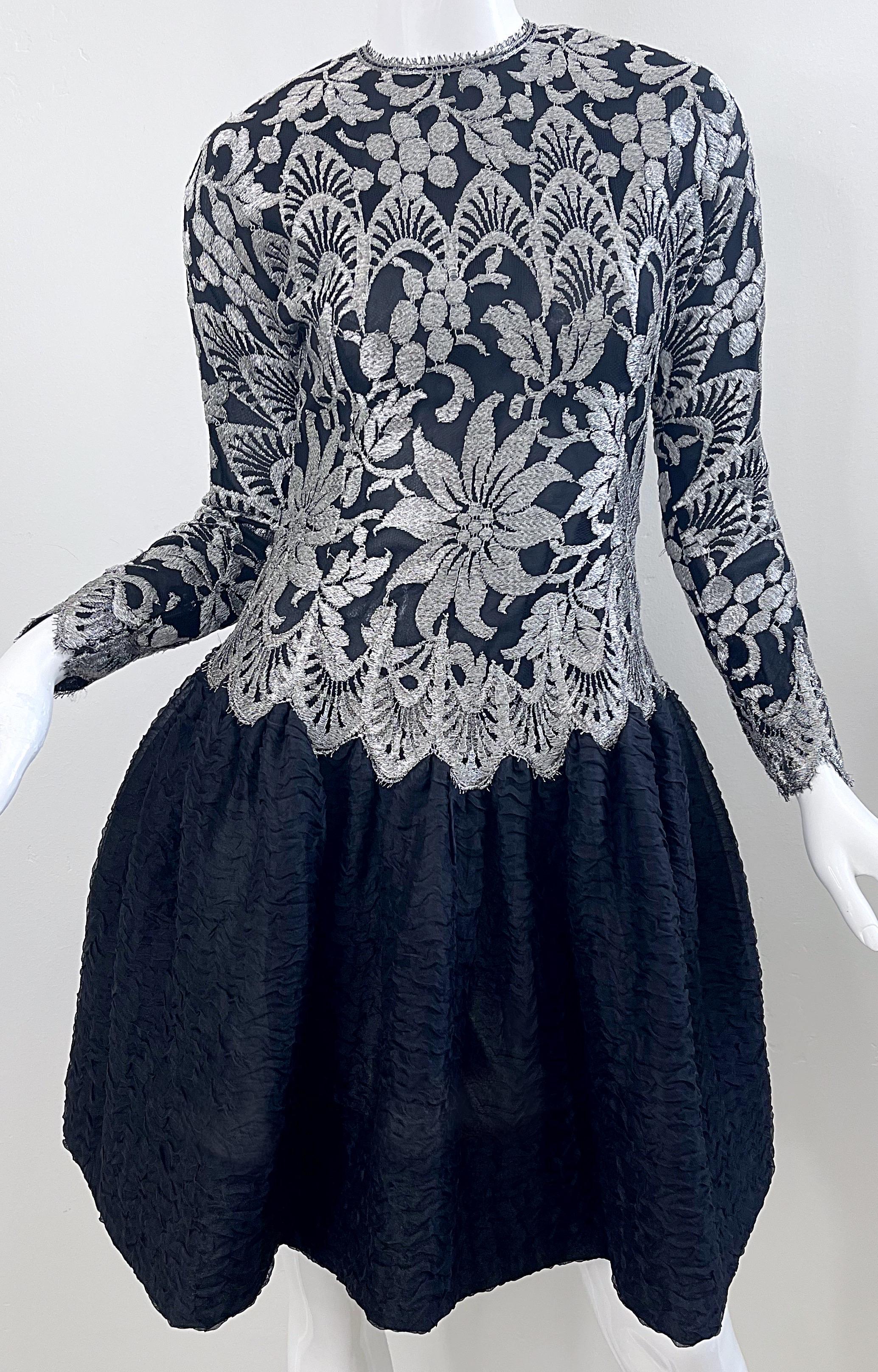 1980s Geoffrey Beene Size 6 Black Silver Silk Lace Vintage Log Sleeve 80s Dress For Sale 5