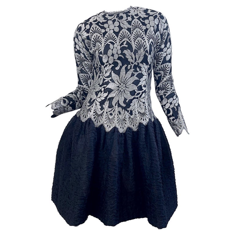 1980s Geoffrey Beene Size 6 Black Silver Silk Lace Vintage Log Sleeve 80s Dress
