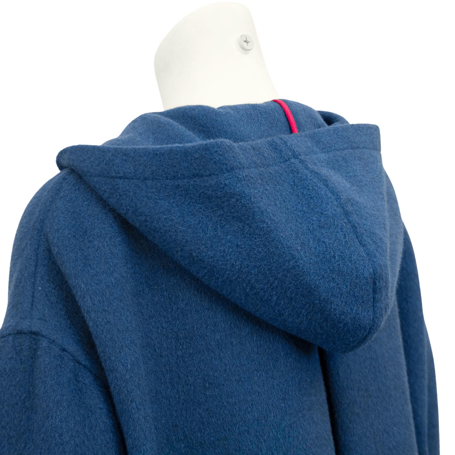 Women's or Men's 1980s Geoffrey Beene Teal Blue, Rose Trimmed Wool Coat with Hood  For Sale
