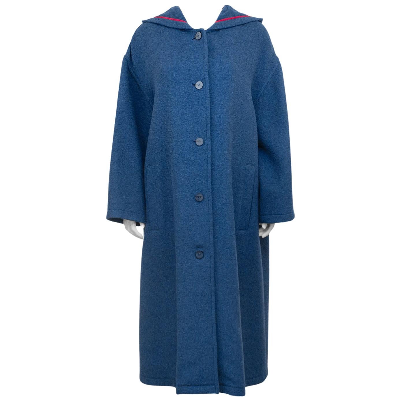 1980s Geoffrey Beene Teal Blue, Rose Trimmed Wool Coat with Hood  For Sale