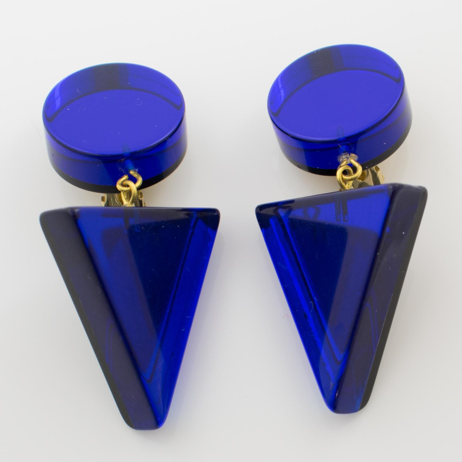 Modernist 1980s Geometric Lucite Clip-on Earrings Intense Royal Blue