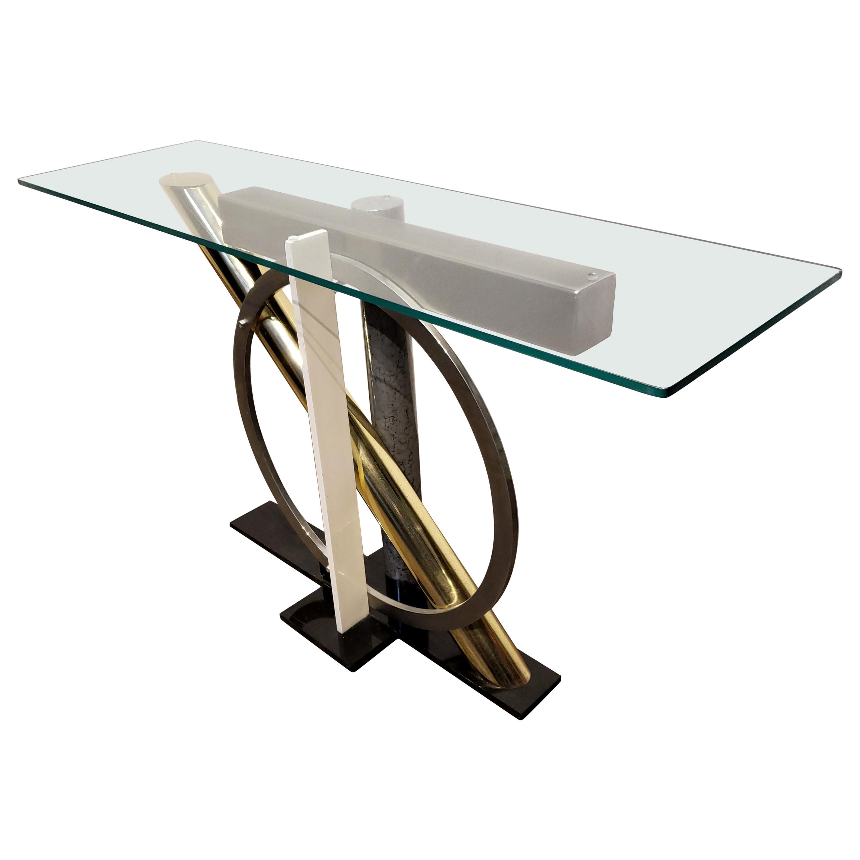 1980s Geometric Metal and Glass Memphis Style Console Table by Kaizo Oto for DIA For Sale