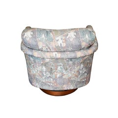 1980s Geometric Pastel Upholstered Swivel Armchair on Round Plinth Wood Base