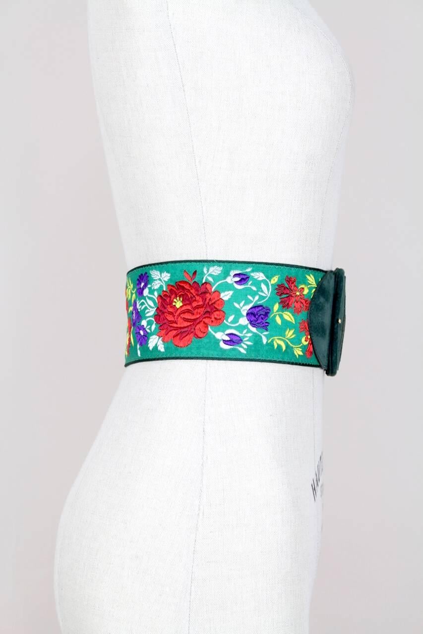 Black 1980s Georges Rech Embroidered Floral Green Suede & Viscose Waist Belt