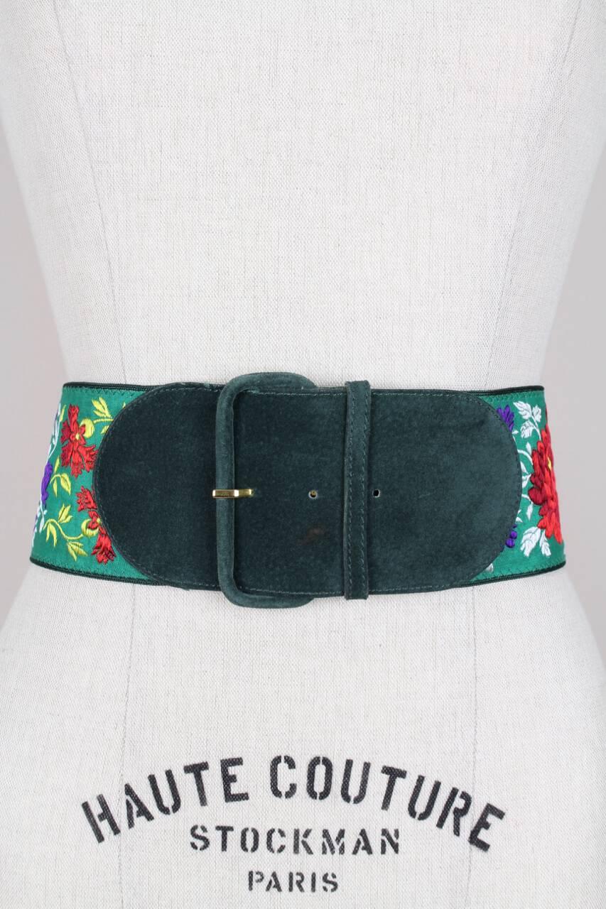 1980s Georges Rech Embroidered Floral Green Suede & Viscose Waist Belt In Excellent Condition In Munich, DE