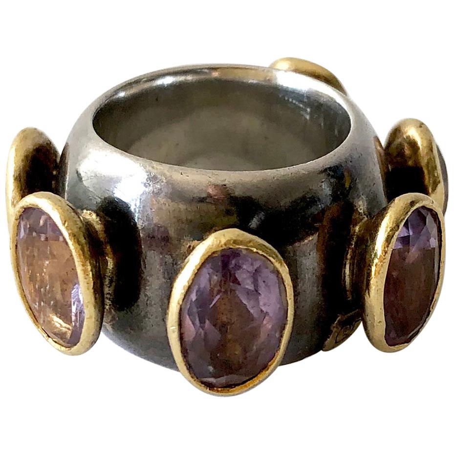 1980s Gerda Lyndgaard Monies Amethyst Sterling Silver 23 Karat Danish Gold Ring