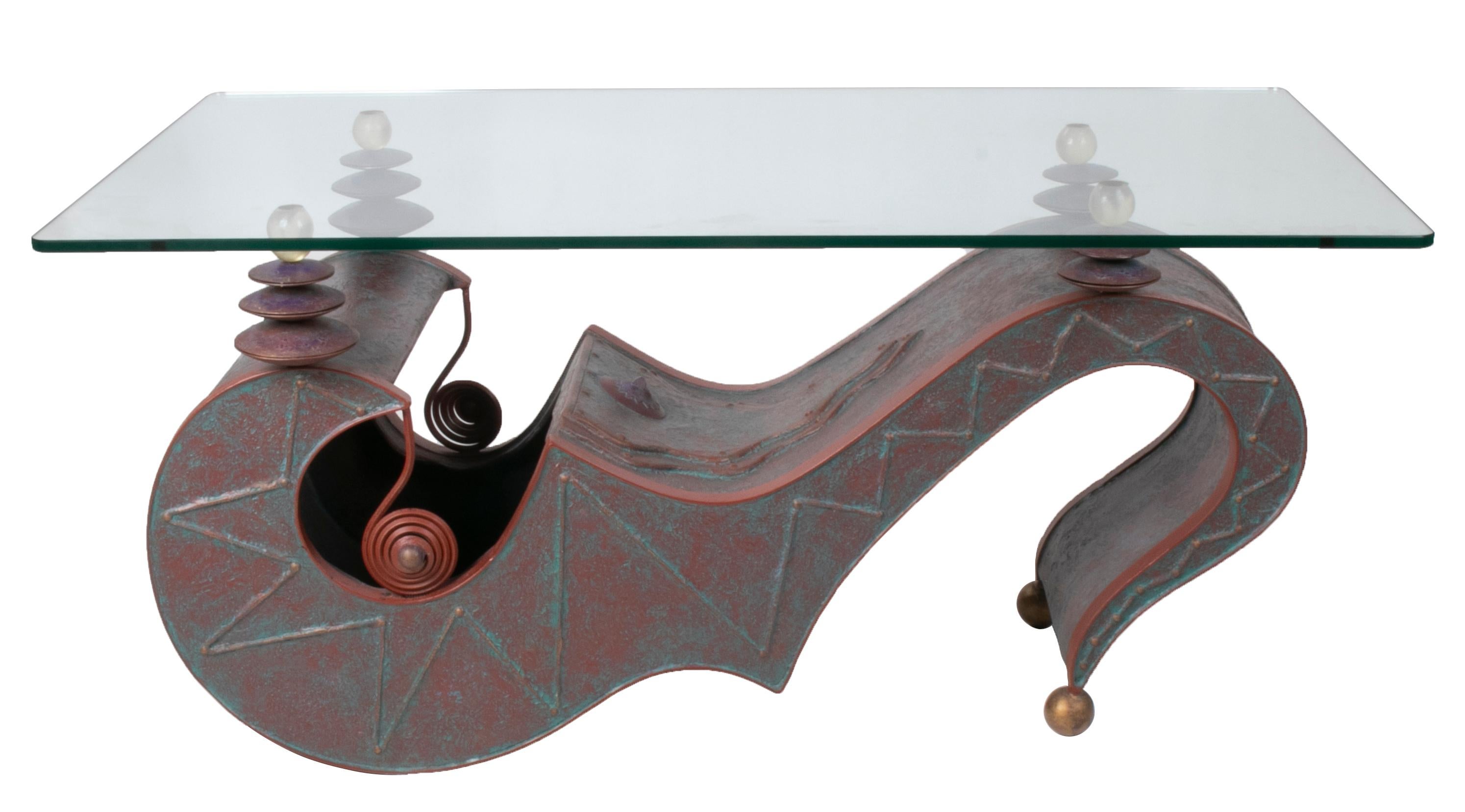 1980s German abstract design iron and glass coffee table.