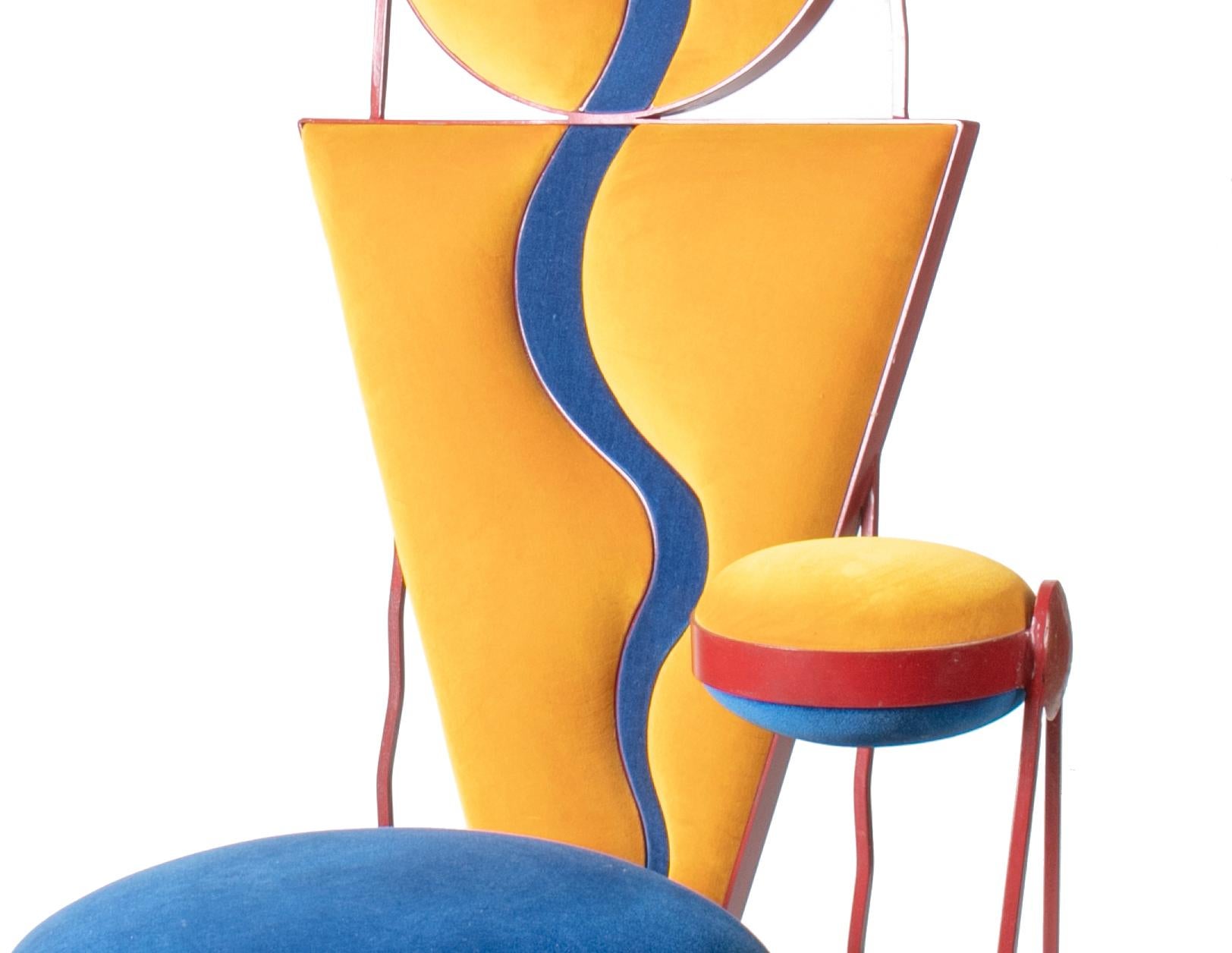 1980s German abstract design upholstered iron tall back chair.