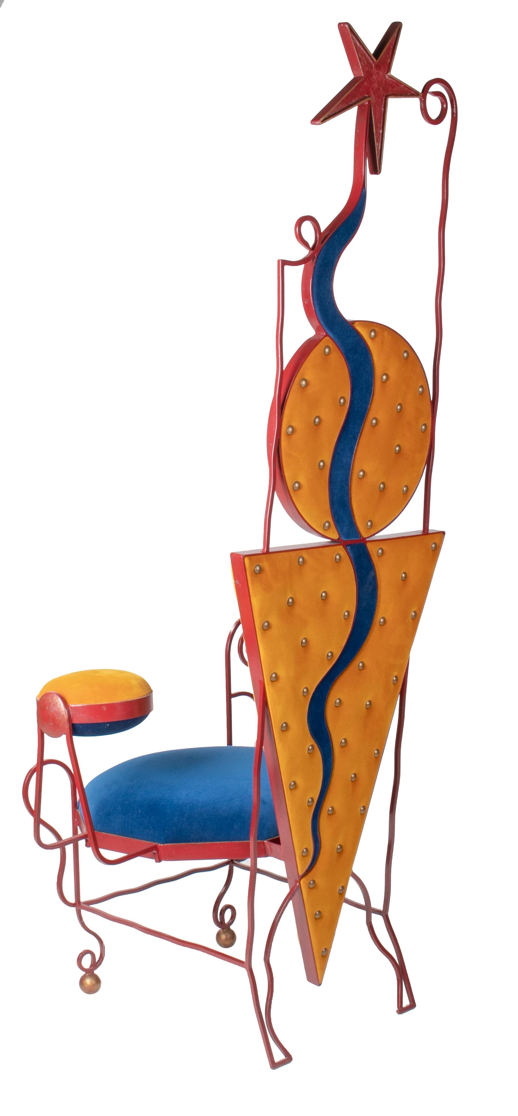 20th Century 1980s German Abstract Design Upholstered Iron Tall Back Chair For Sale