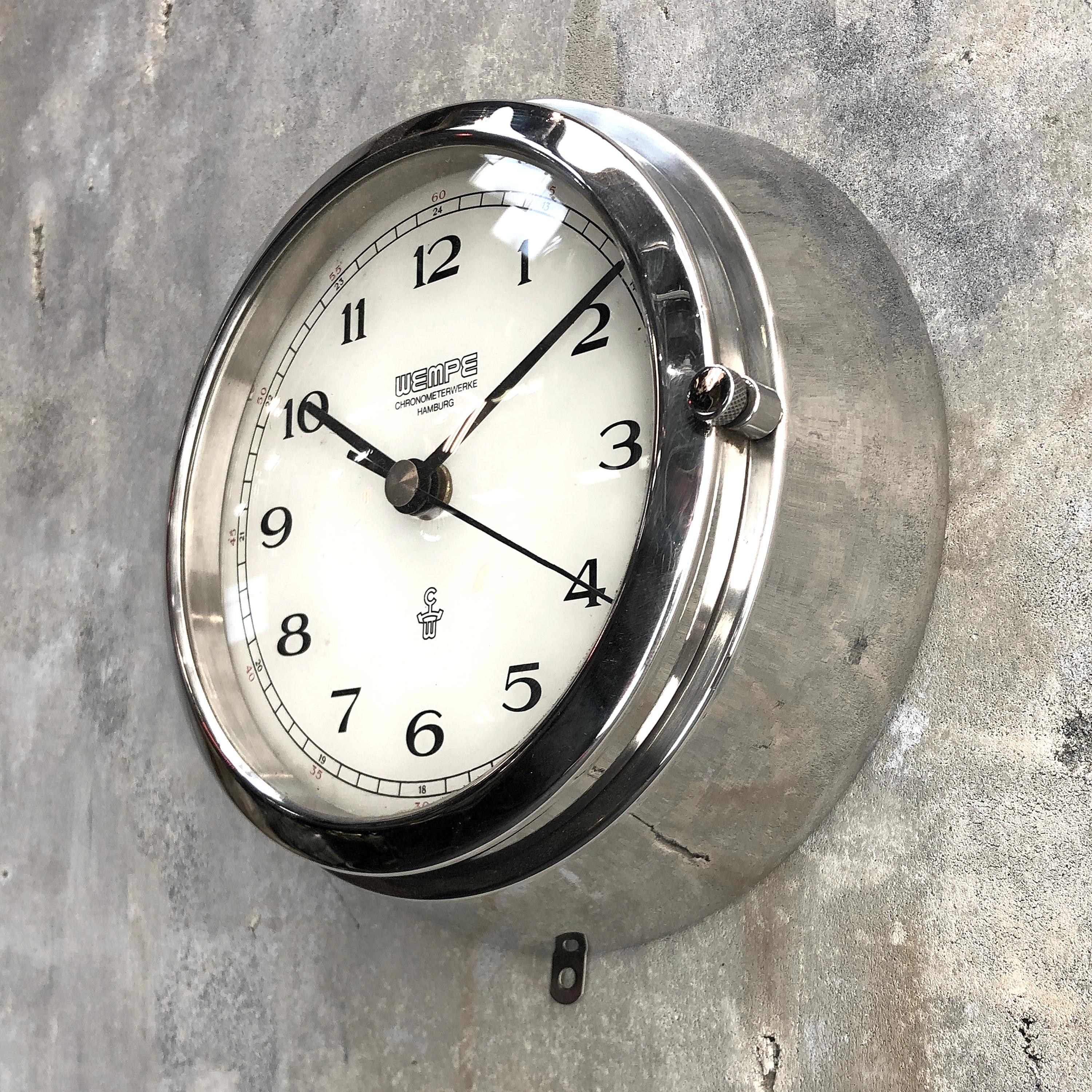 Machine-Made 1980s German Chrome Circular Chronometer Quartz Wall Clock by Wempe