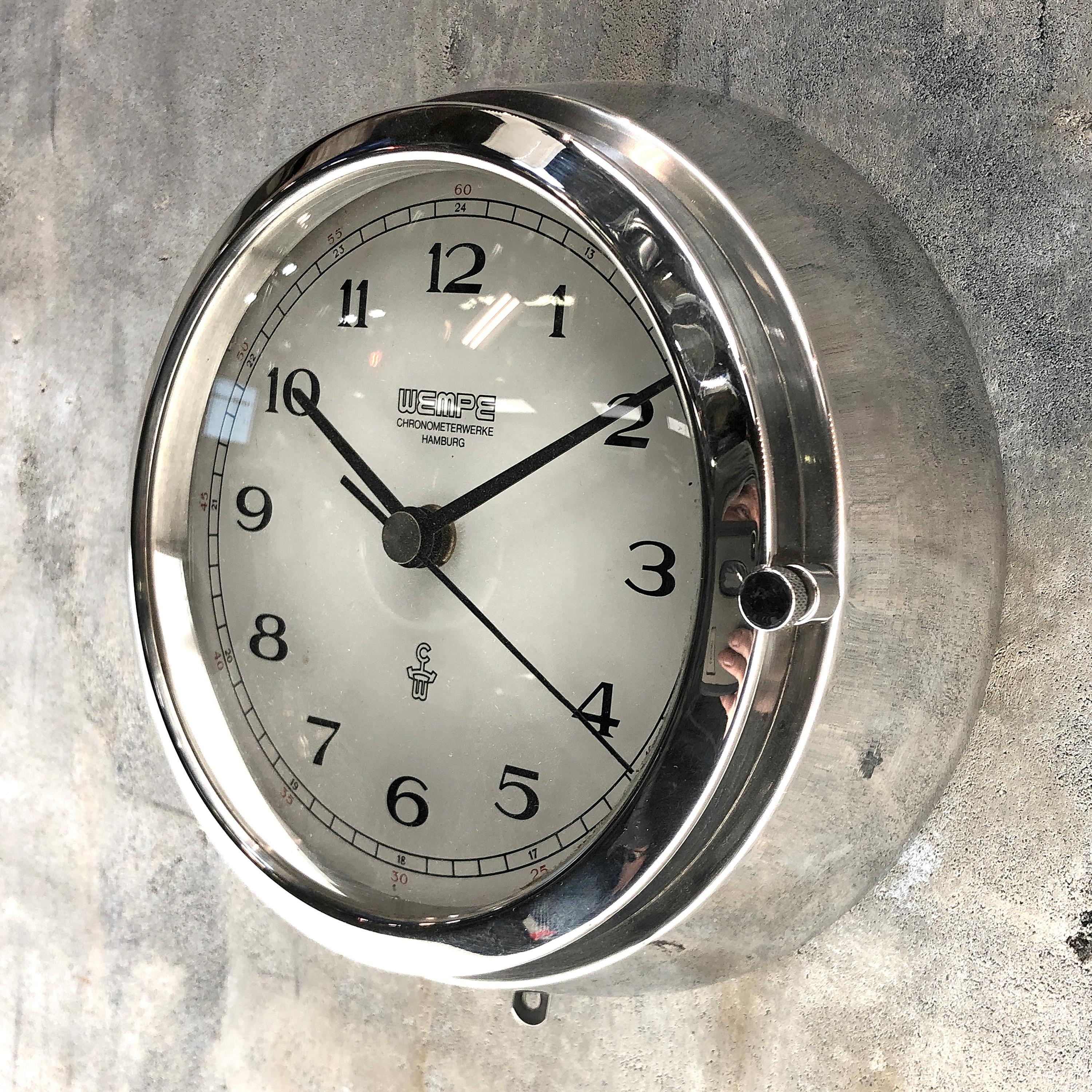 1980s German Chrome Circular Chronometer Quartz Wall Clock by Wempe 1