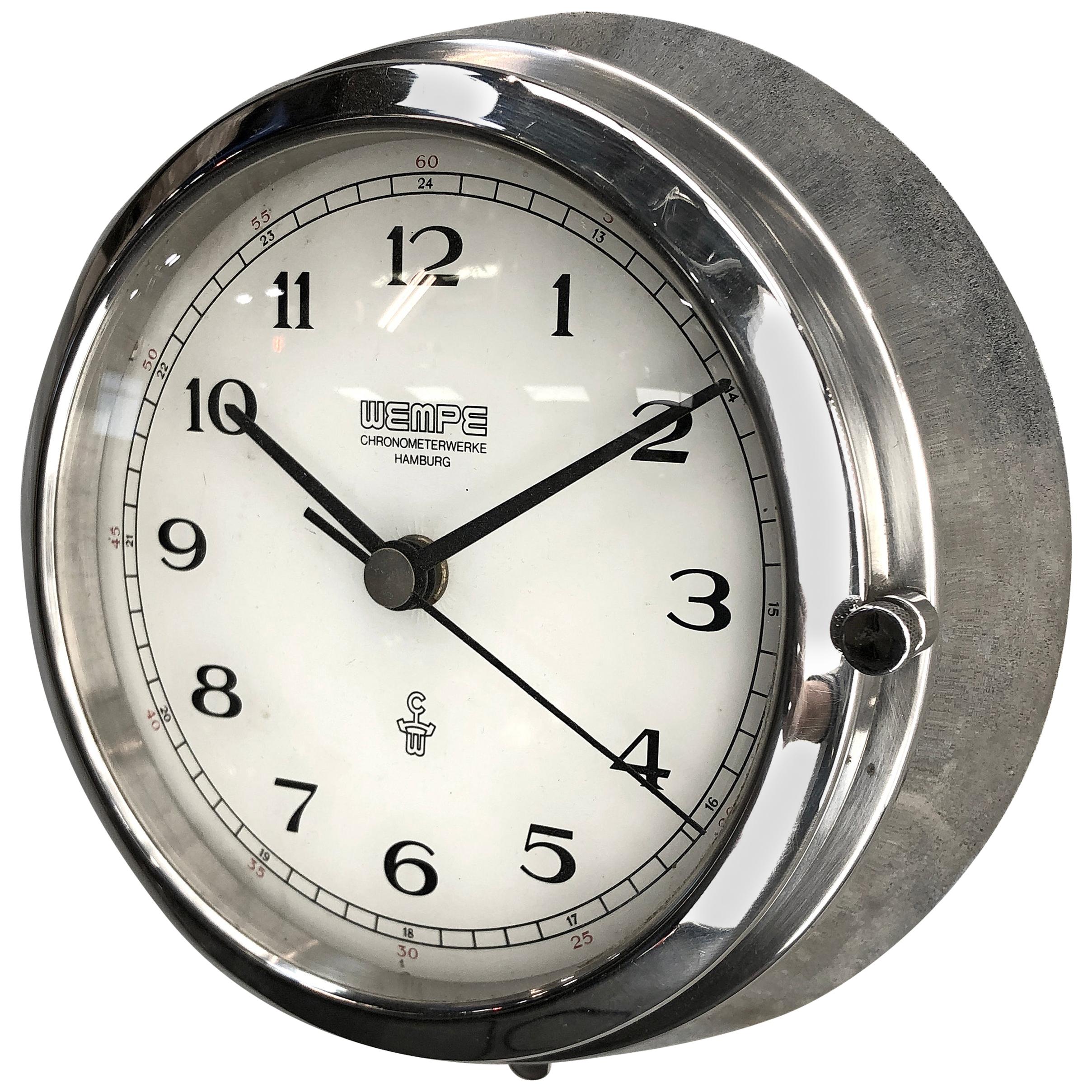 1980s German Chrome Circular Chronometer Quartz Wall Clock by Wempe