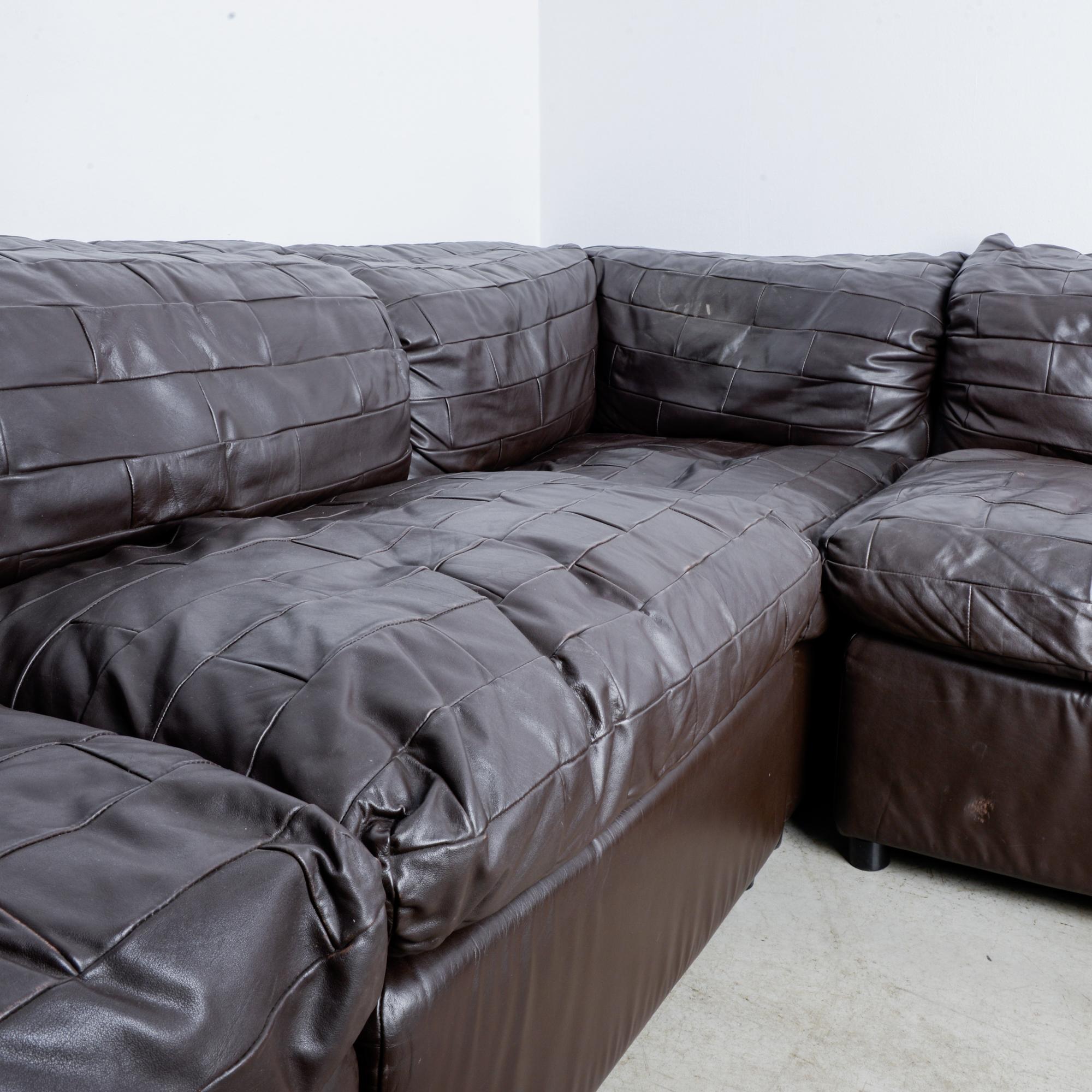 1980s German Dark Brown Leather Sectional, Set of Six 6