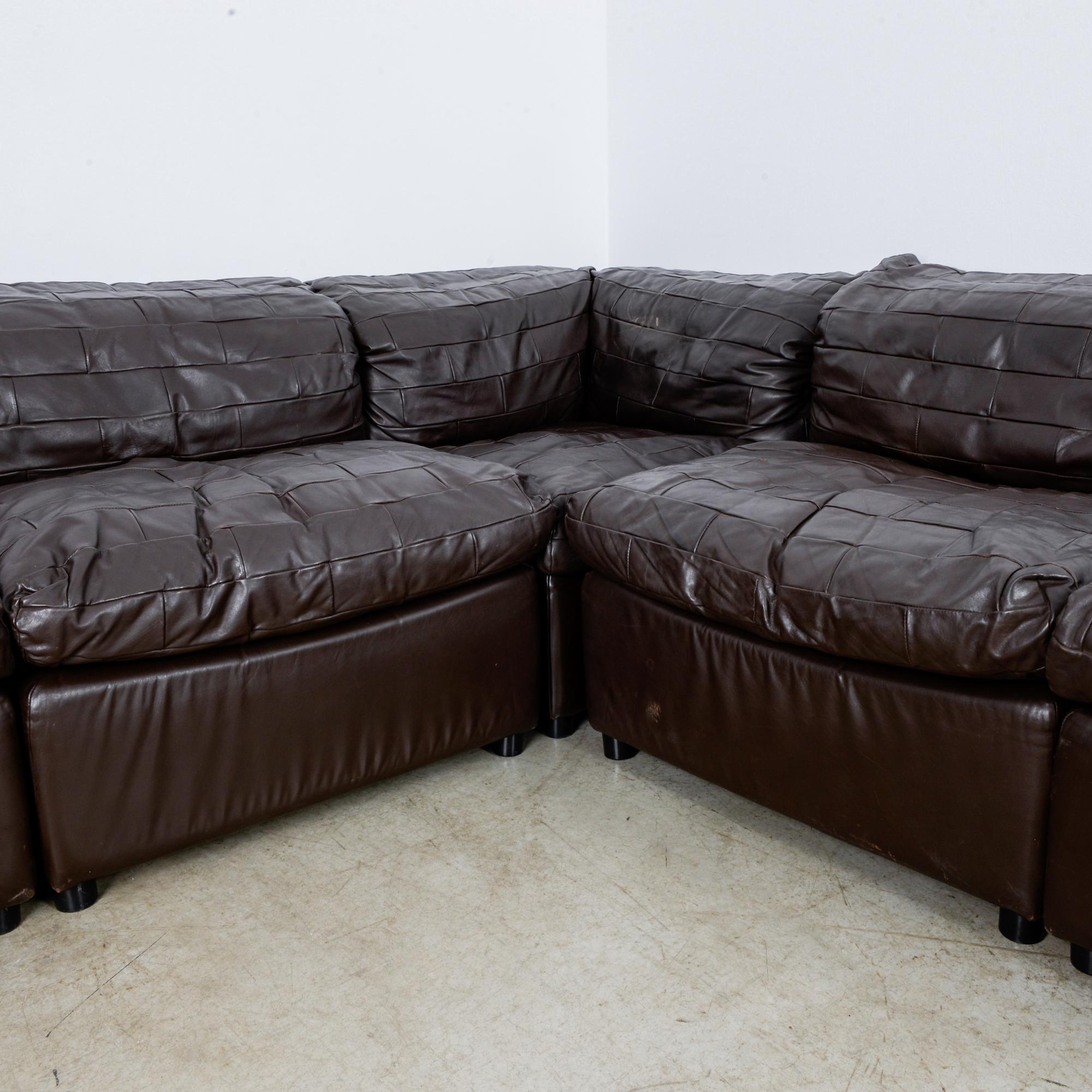 1980s German Dark Brown Leather Sectional, Set of Six 2