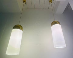 1980s German Glashütte Limburg Opaque White Glass & Brass Pendant Hanging Light