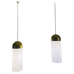1980s German Glashütte Limburg Opaque White Glass & Brass Pendant Hanging Light