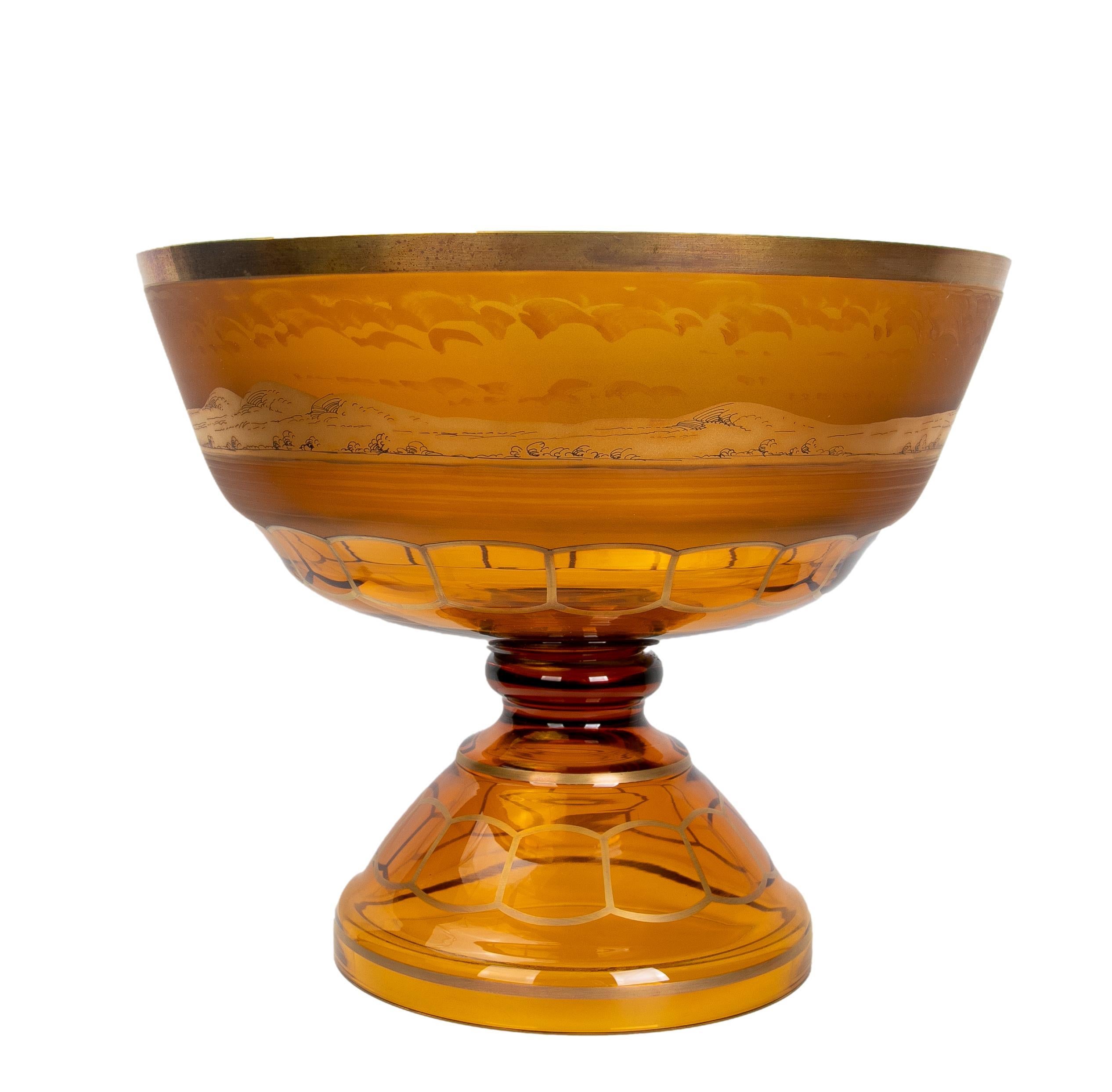 20th Century 1980s German Glass Fruit Bowl in Orange Tones with Romantic Scenes For Sale