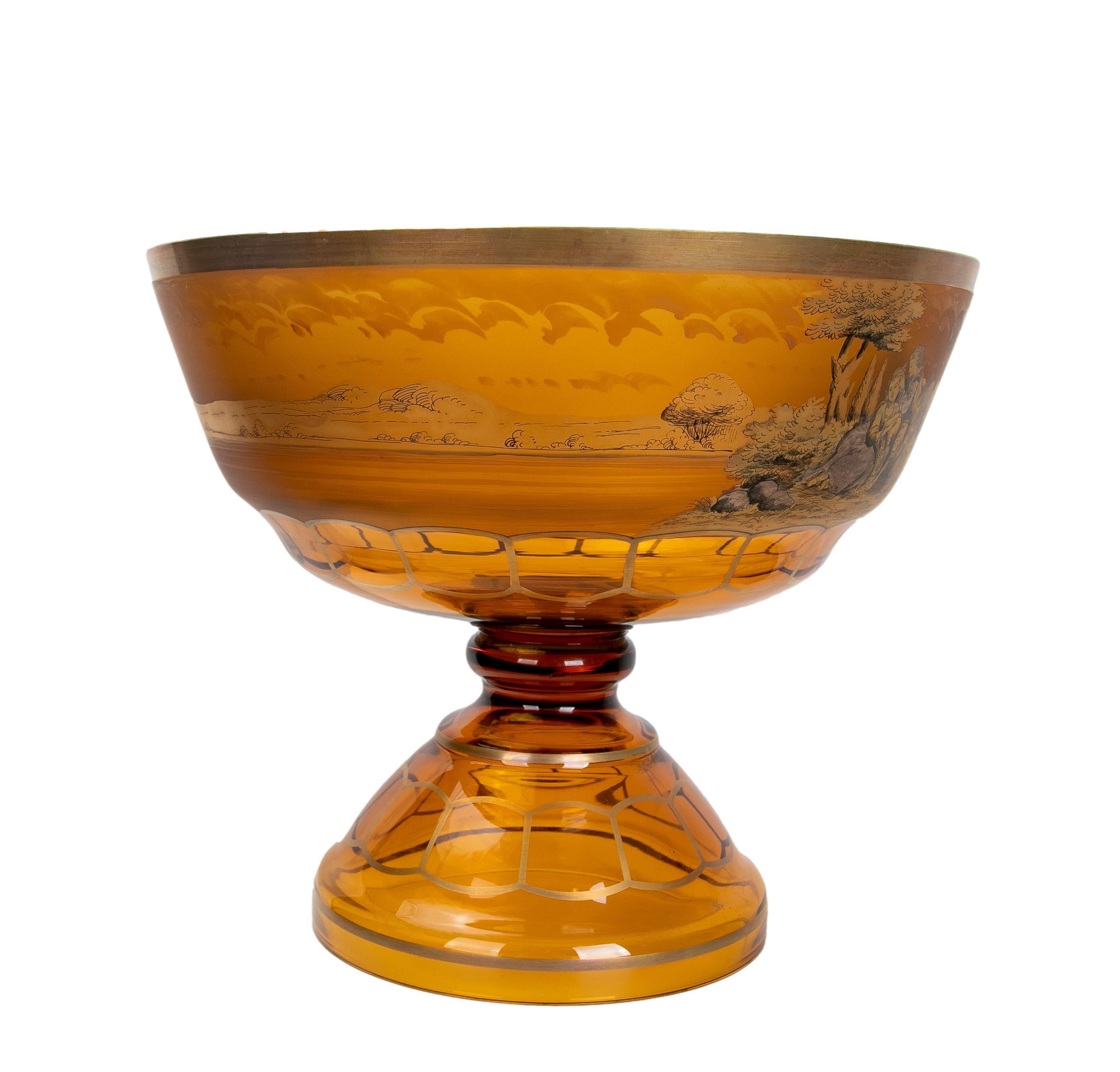 1980s German Glass Fruit Bowl in Orange Tones with Romantic Scenes For Sale 1