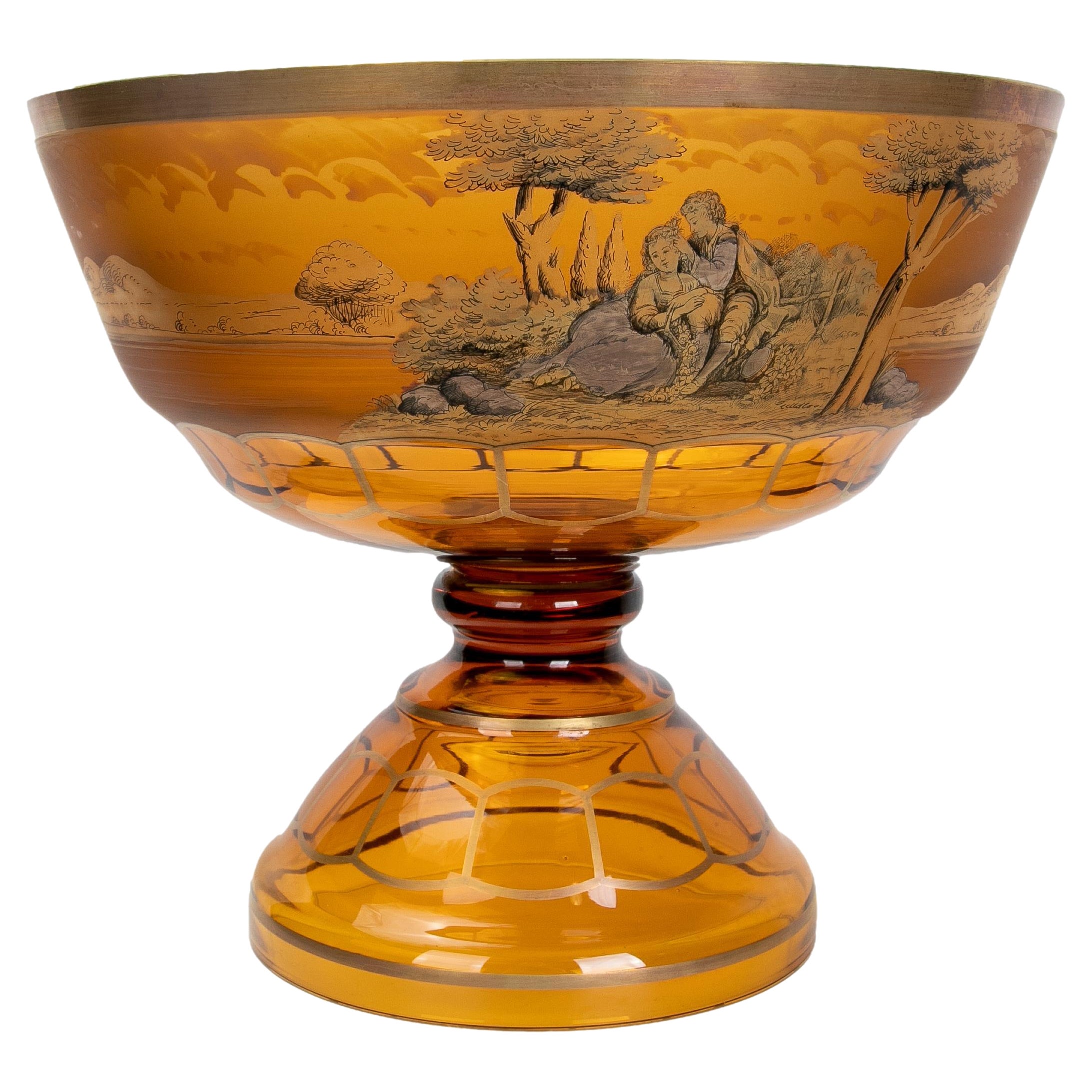 1980s German Glass Fruit Bowl in Orange Tones with Romantic Scenes