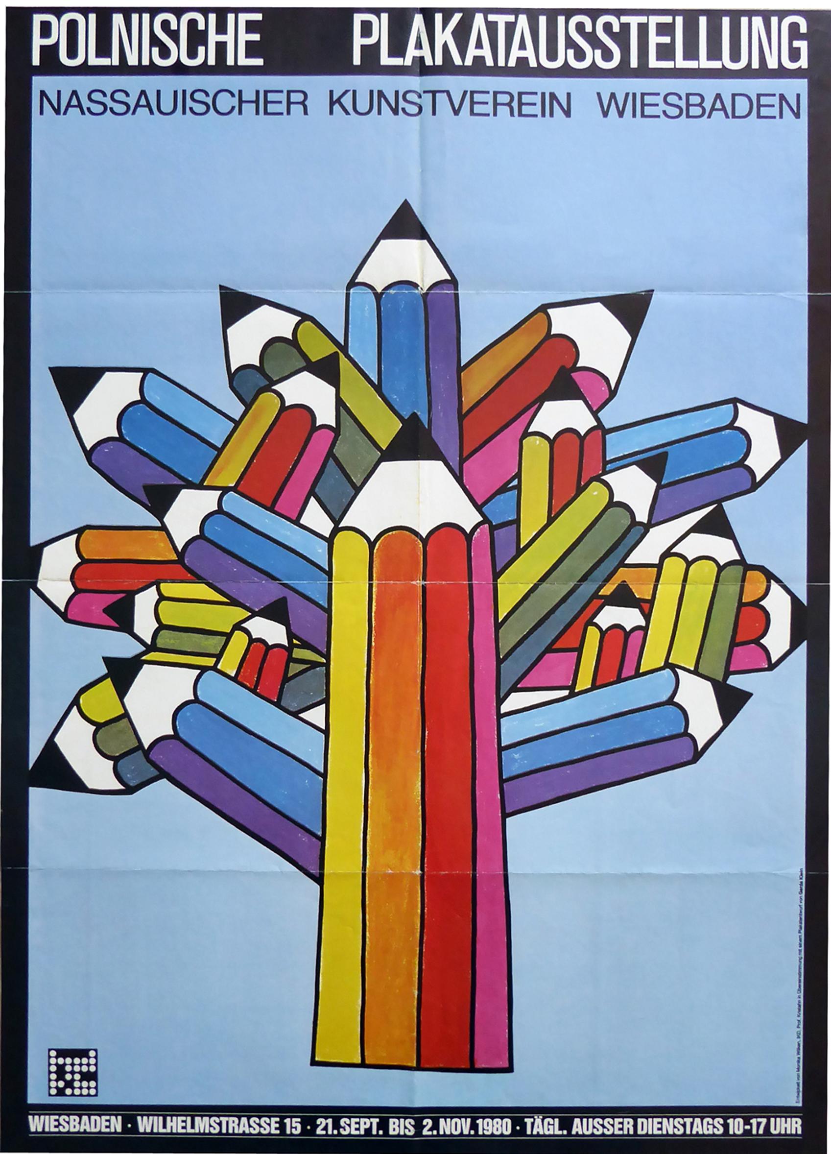 Original 1982 promotional poster for the German polish poster exhibition at the art society, Wiesbaden, Germany. Folded as issued.

First edition color offset lithograph.

Measures: L 84 cm x W 59 cm.