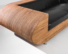 1980s German Wooden Sofa with Leather Upholstery