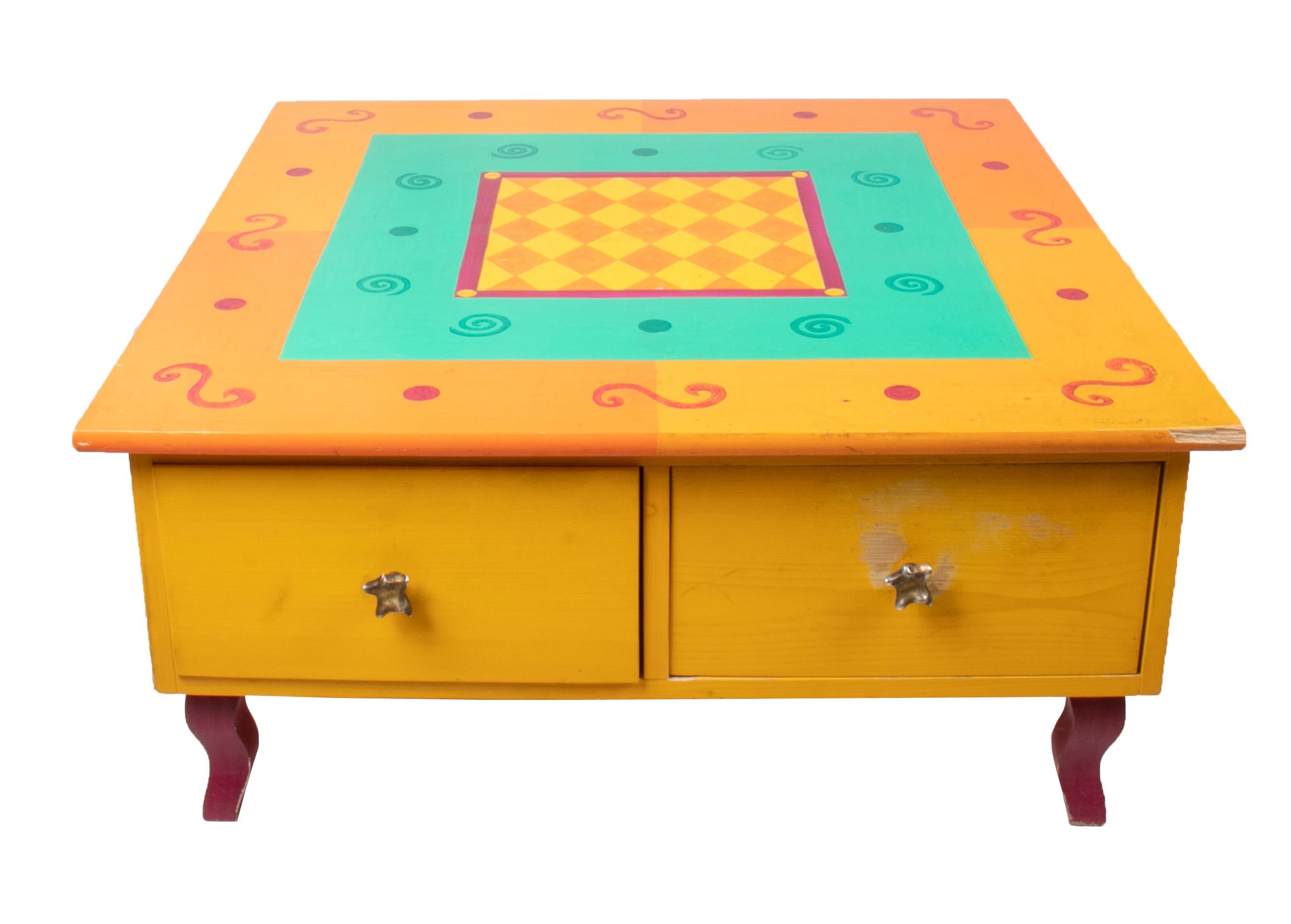 1980s German yellow coffee table with drawers.