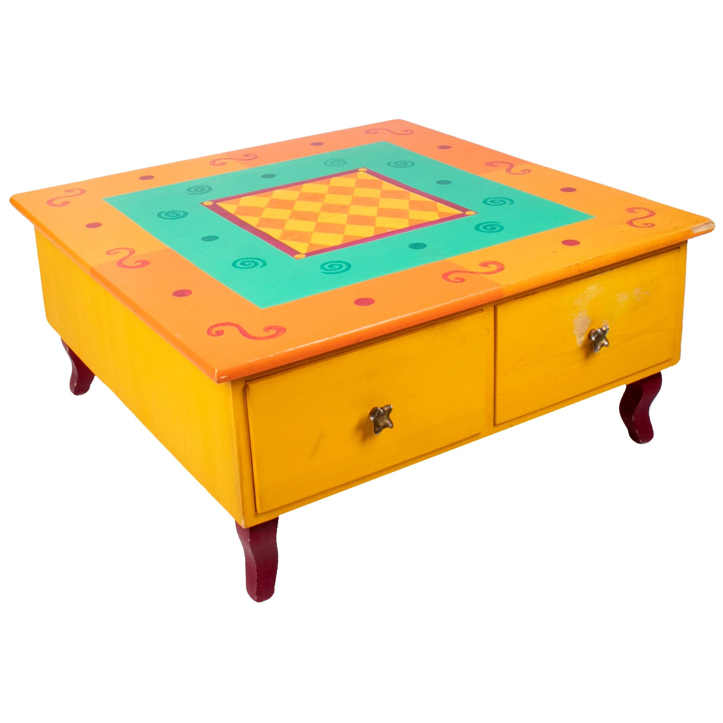 Table basse jaune allemande des années 1980 avec tiroirs en vente