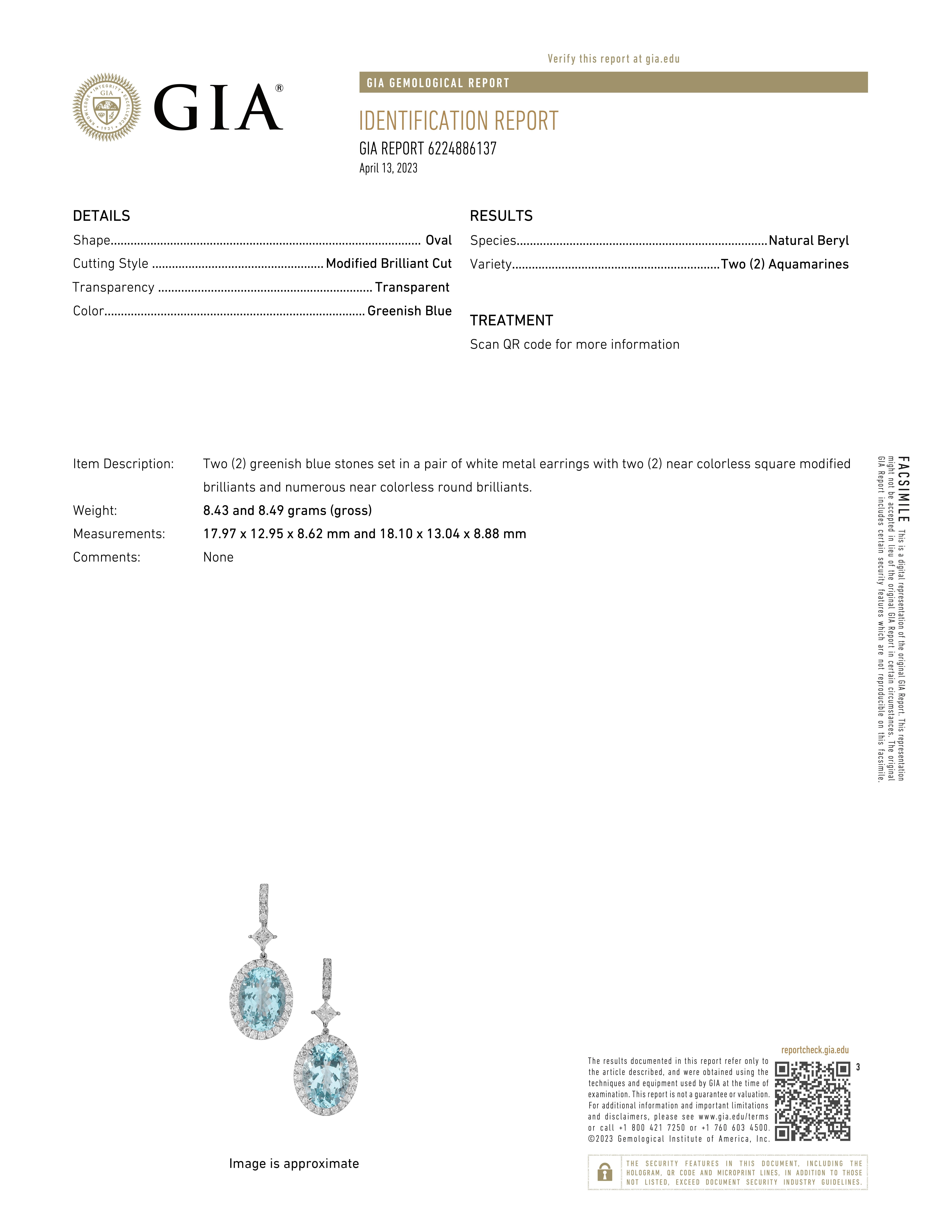 Oval Cut 1980s GIA Aquamarine Diamond Platinum Dangle Drop Pendant Earrings For Sale