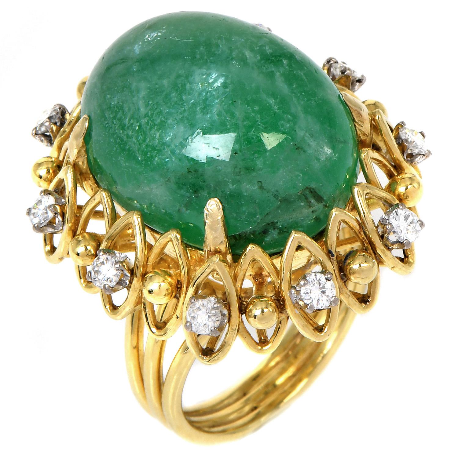 Cabochon 1980s GIA Green Beryl Diamond 18K Yellow Gold Flower Unique Cocktail Ring