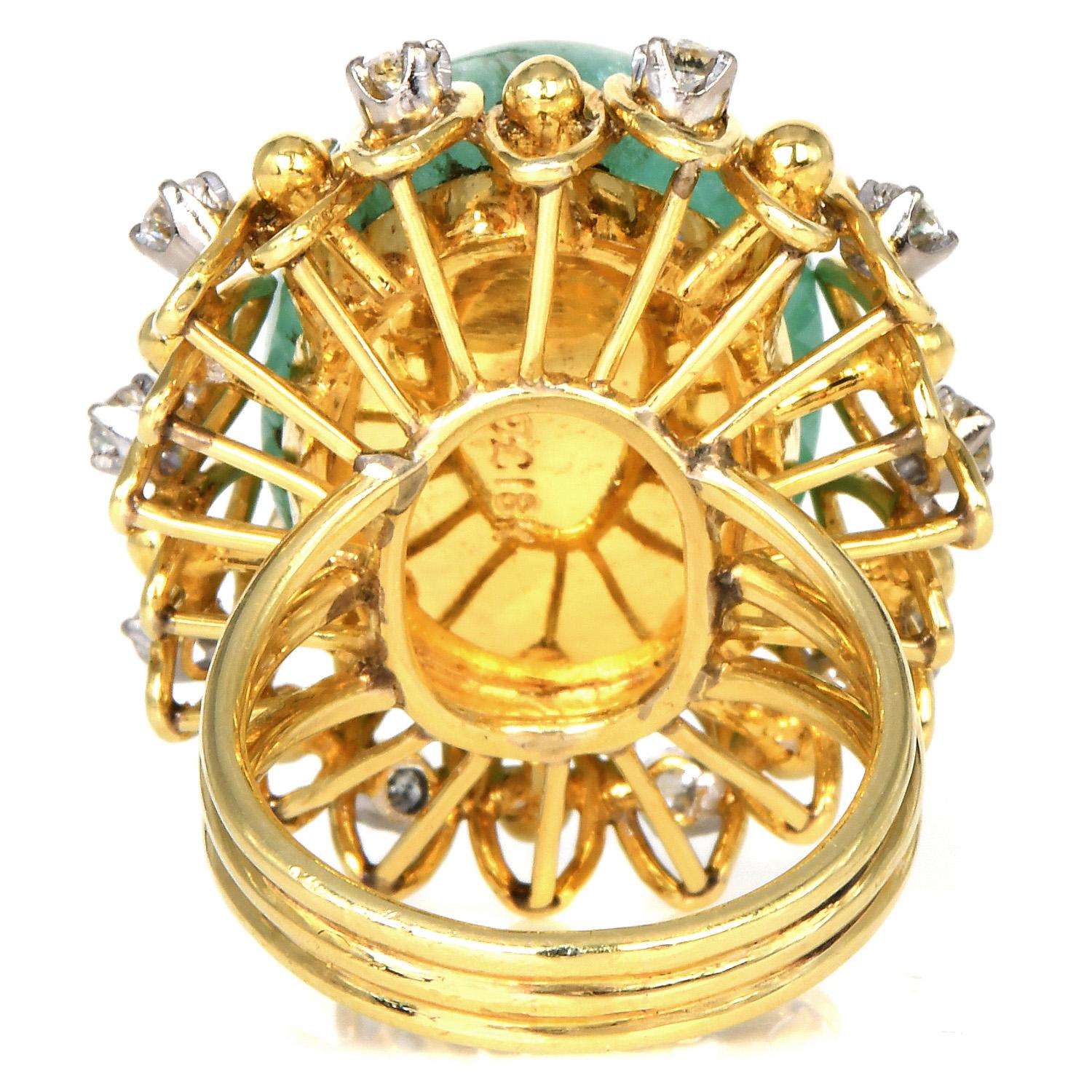 1980s GIA Green Beryl Diamond 18K Yellow Gold Flower Unique Cocktail Ring In Excellent Condition In Miami, FL