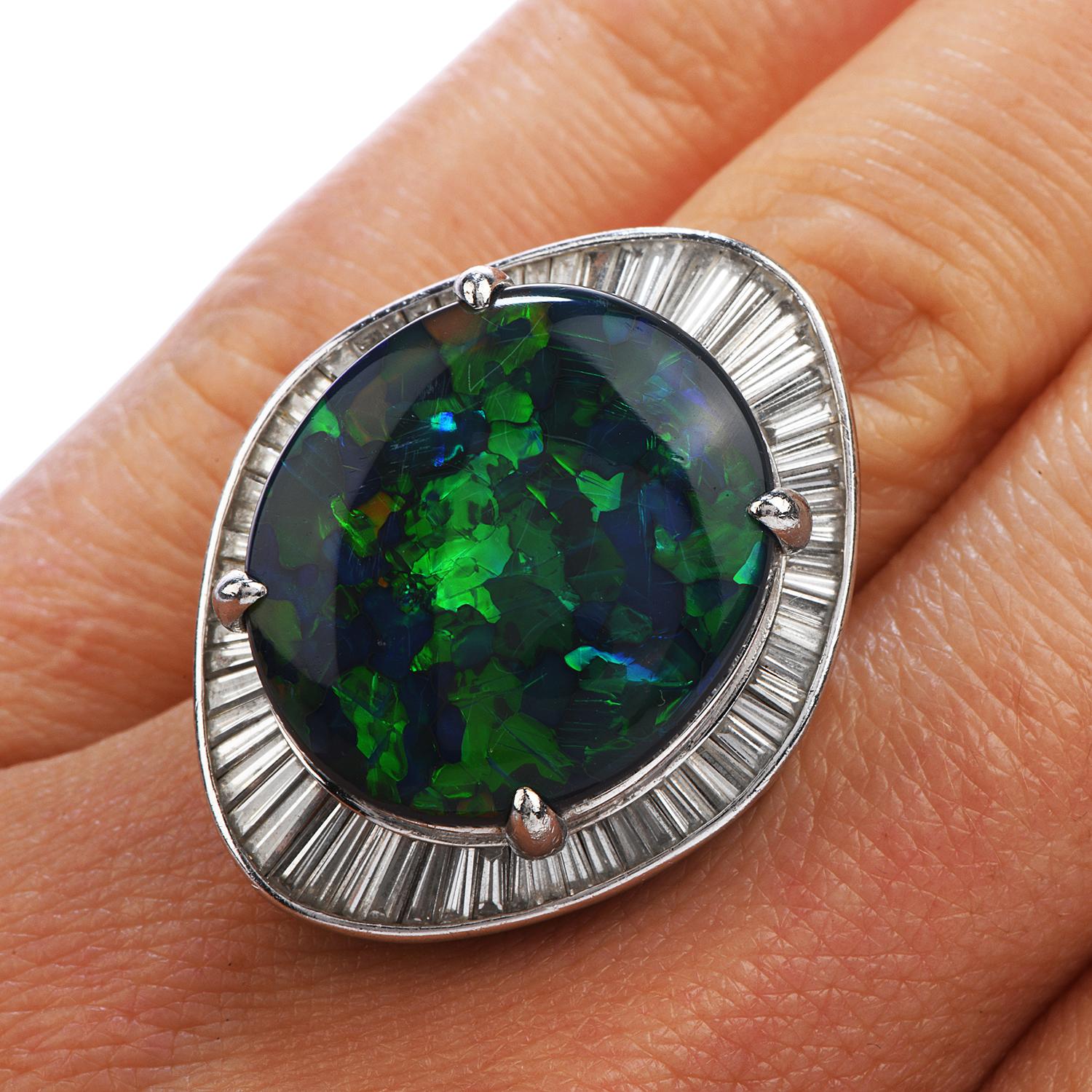 1980s GIA Large Black Opal Diamond Platinum Cocktail Ballerina Ring In Excellent Condition For Sale In Miami, FL