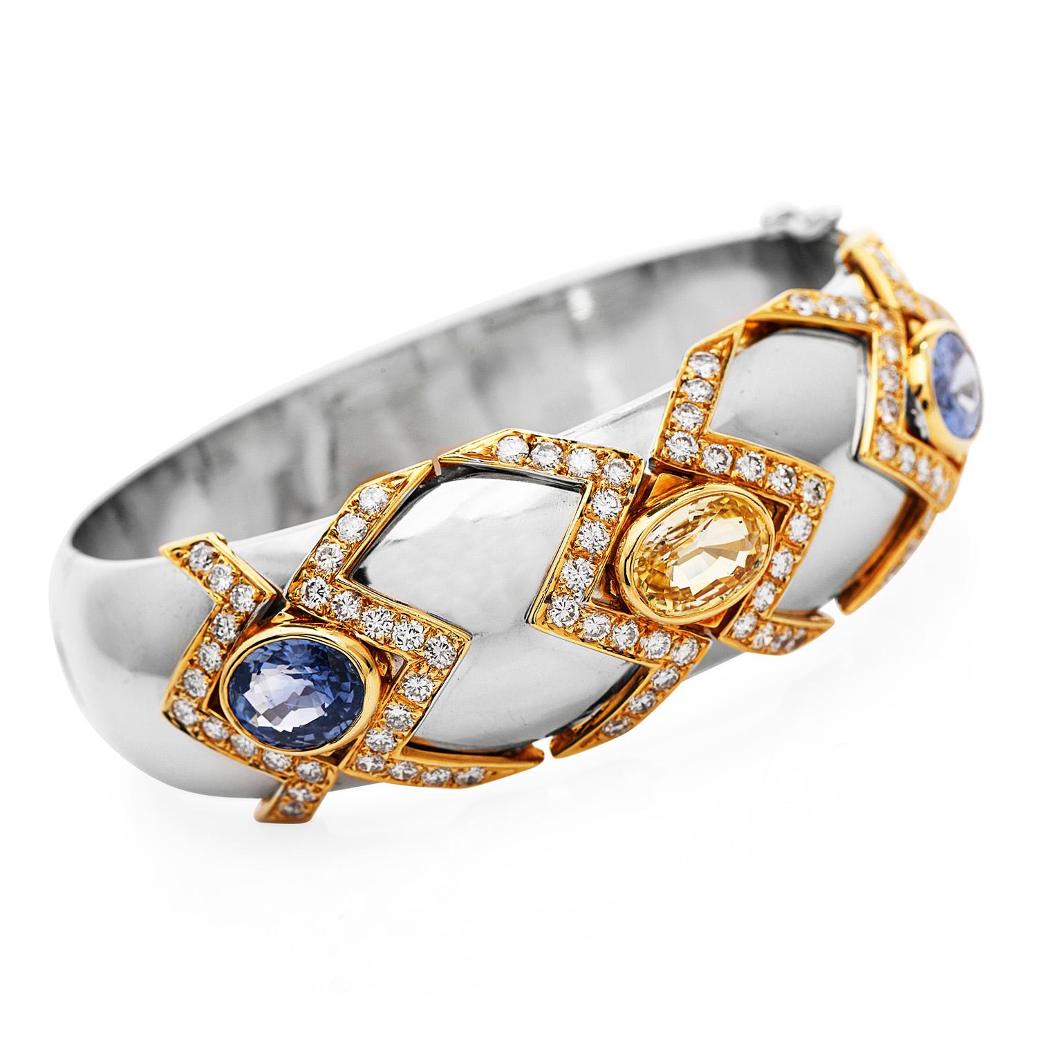 This Exquisite GIA Certified High Polish Bracelet is made in platinum and 18k yellow Gold
Certified  NO Heat Sapphires on the bracelet,  are composed of (3) Unheated all-natural without any treatments of Yellow & Blue sapphire GIA.