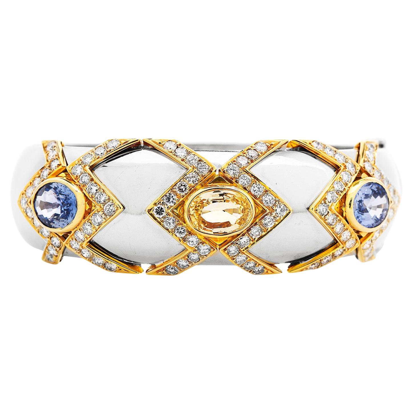 GIA des années 1980  Bracelet jonc en platine avec saphir naturel non chauffé 13,90 carats et diamants en vente