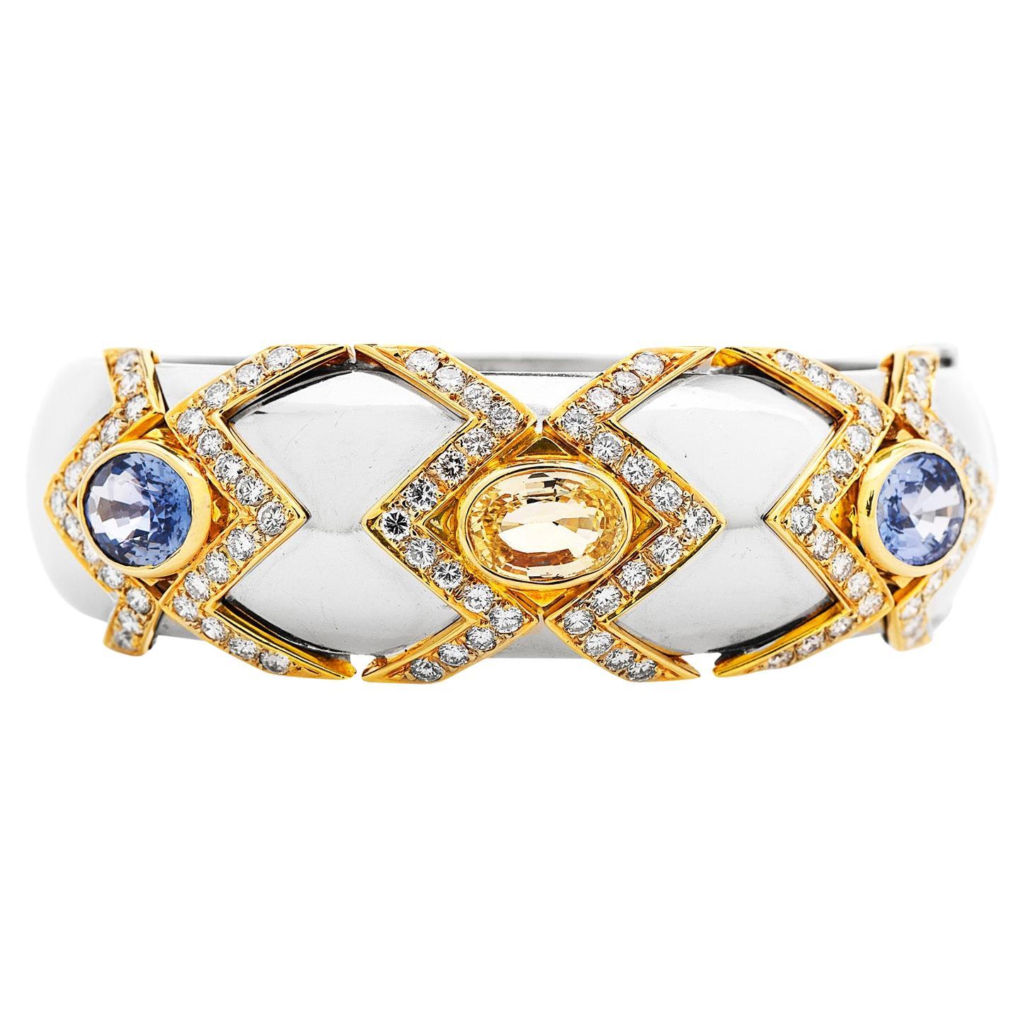 1980's GIA  Natural No-Heat 13.90cts Sapphire Diamond Platinum Bangle Bracelet