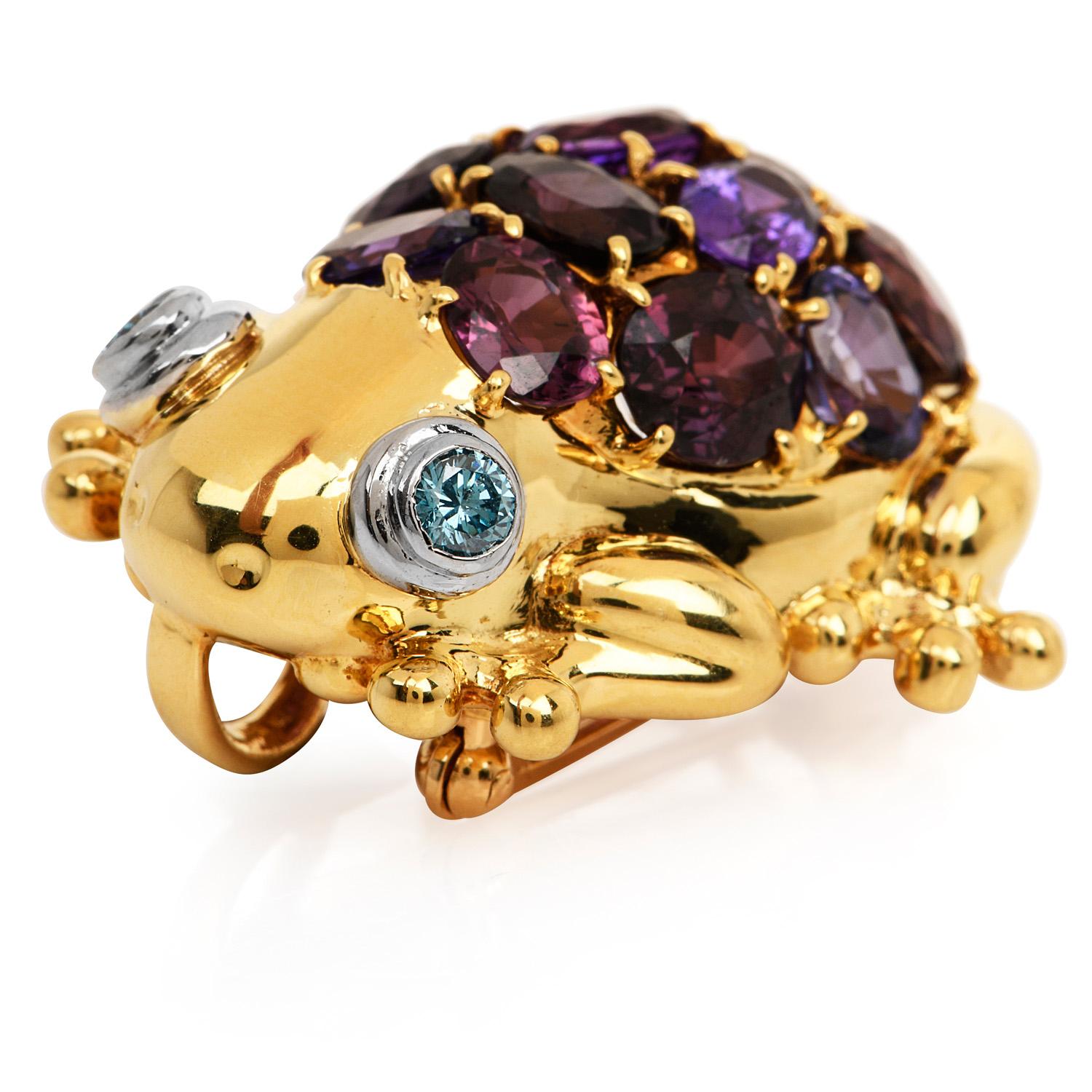 This 18k/ platinum multi-gem Frog-inspired brooch pin and pendant is displaying exquisite high-quality craftsmanship. Crafted in solid 18K yellow gold, adorned by (13) oval cut genuine natural sapphires in multi-color, weighing approx 10.38 carats,