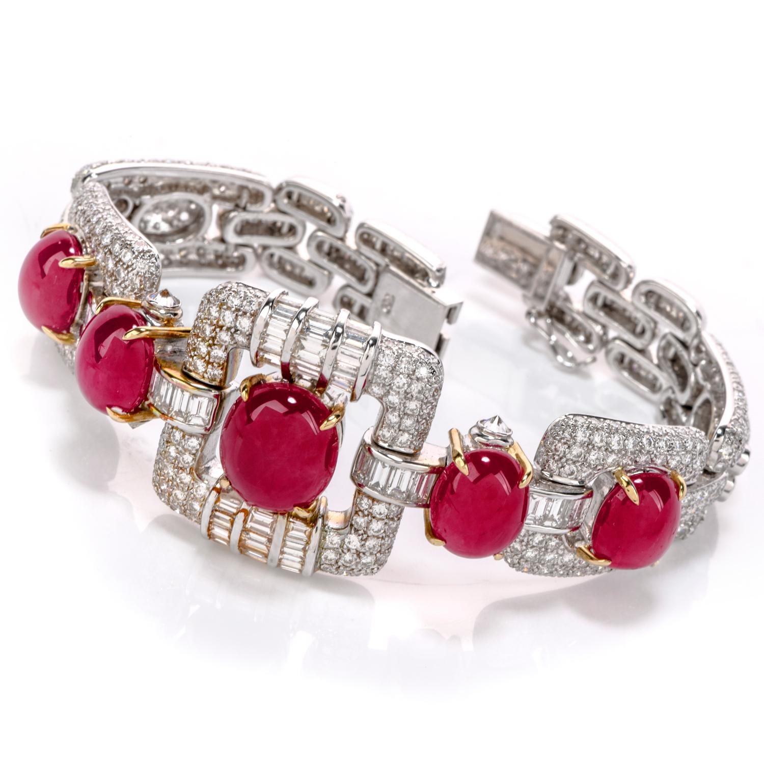 Completely adore the deep purplish red hue of this GIA Ruby Diamond 18K Gold Oval Cabochon Bracelet!  This bracelet is majestic and romantic, showcasing 5 translucent oval cabochons.  The rubies are encompassed with genuine round and baguette cut