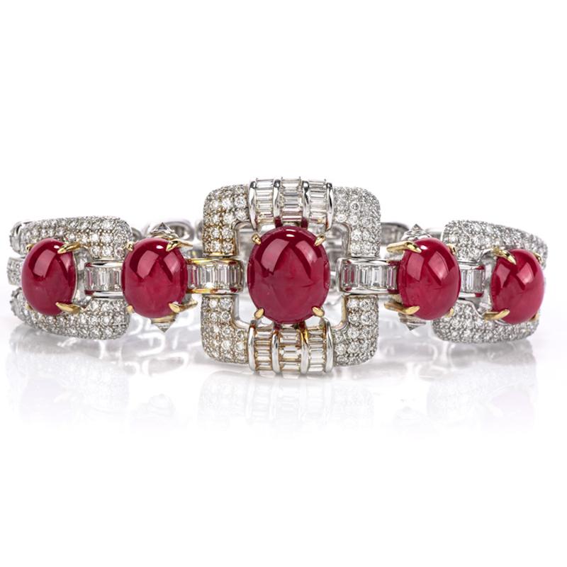 1980s GIA Ruby Diamond 18 Karat Gold Oval Cabochon Bracelet In Excellent Condition For Sale In Miami, FL