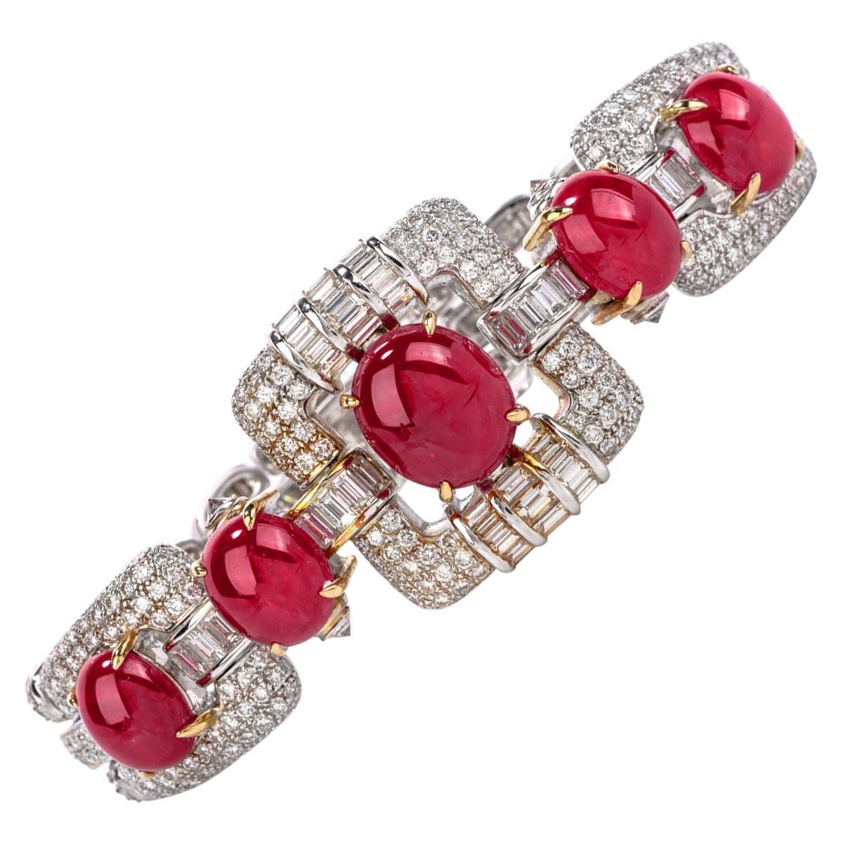 1980s GIA Ruby Diamond 18 Karat Gold Oval Cabochon Bracelet For Sale