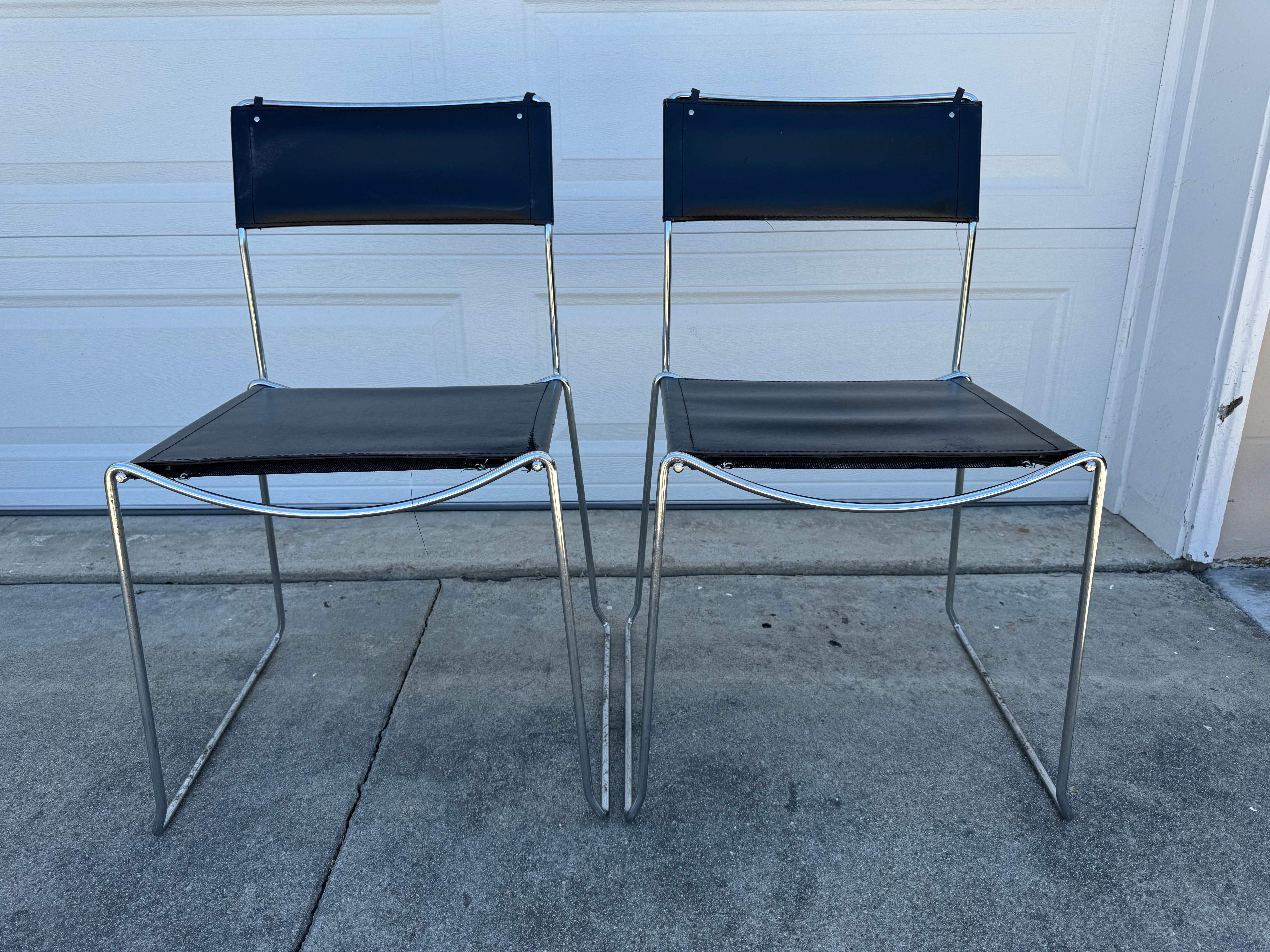 Italian 1980's Giandomenico Belotti Black Leather Dining Chairs, A Pair - Made in Italy For Sale
