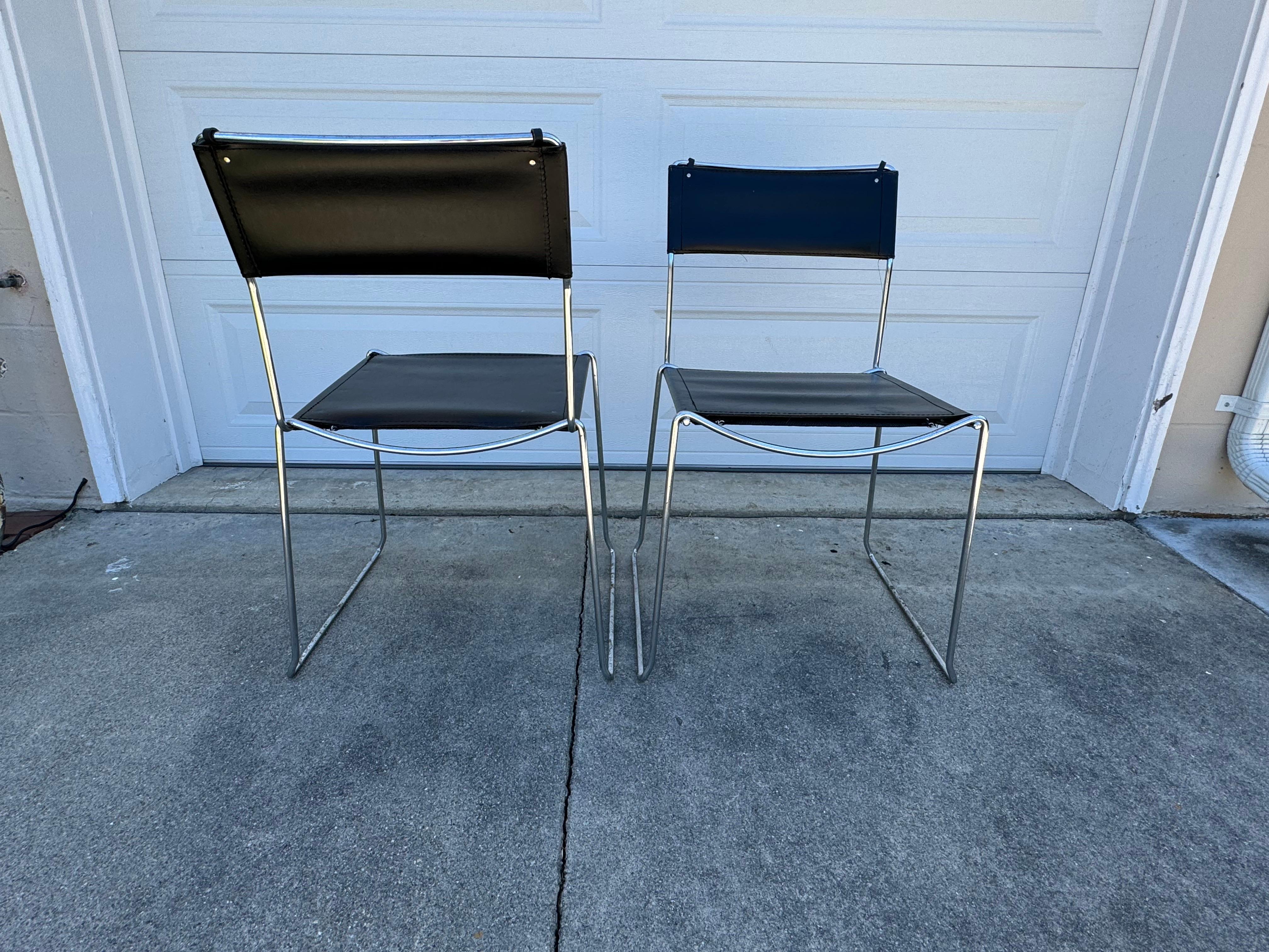 1980's Giandomenico Belotti Black Leather Dining Chairs, A Pair - Made in Italy In Good Condition For Sale In San Carlos, CA