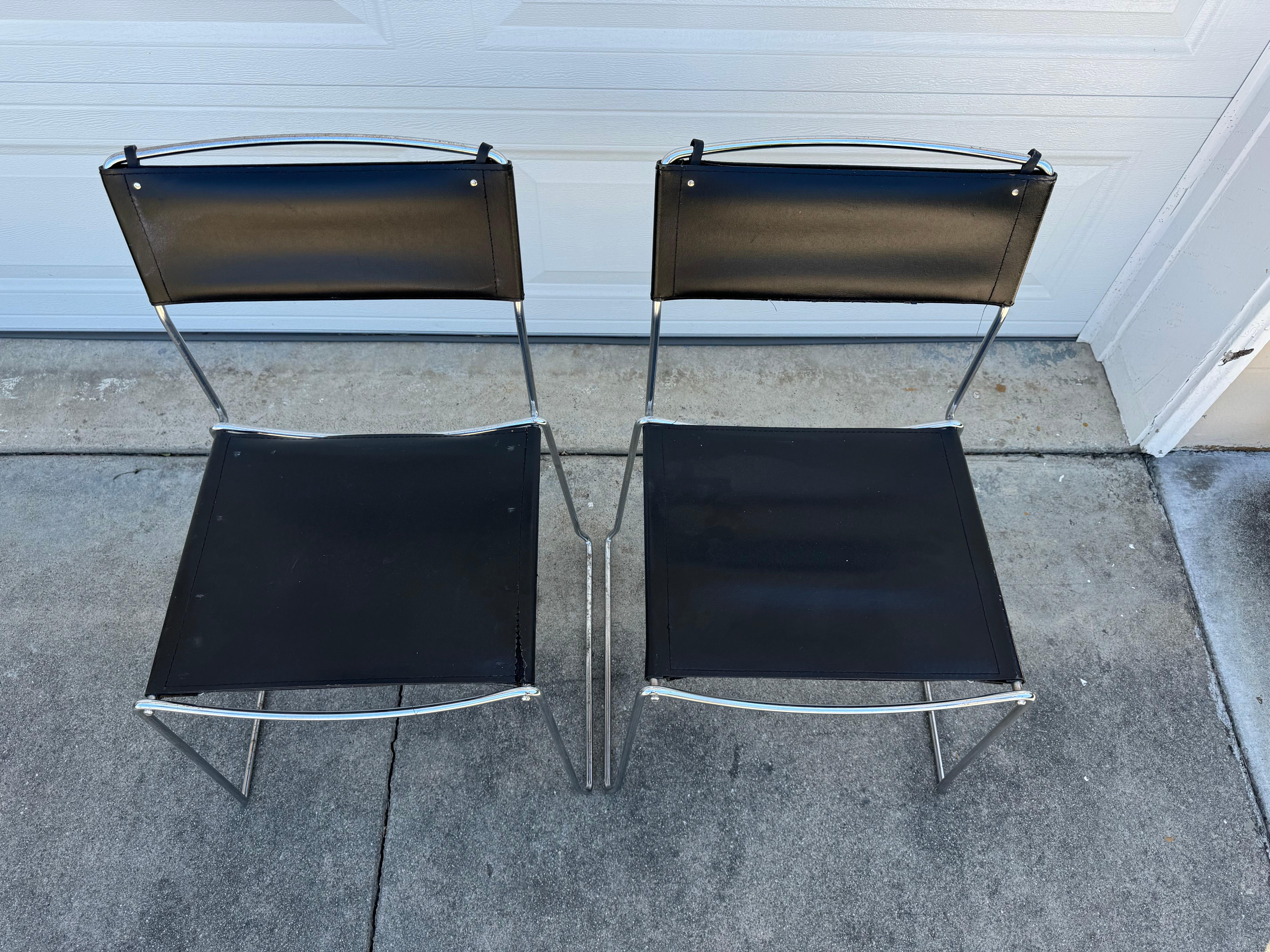 Late 20th Century 1980's Giandomenico Belotti Black Leather Dining Chairs, A Pair - Made in Italy For Sale
