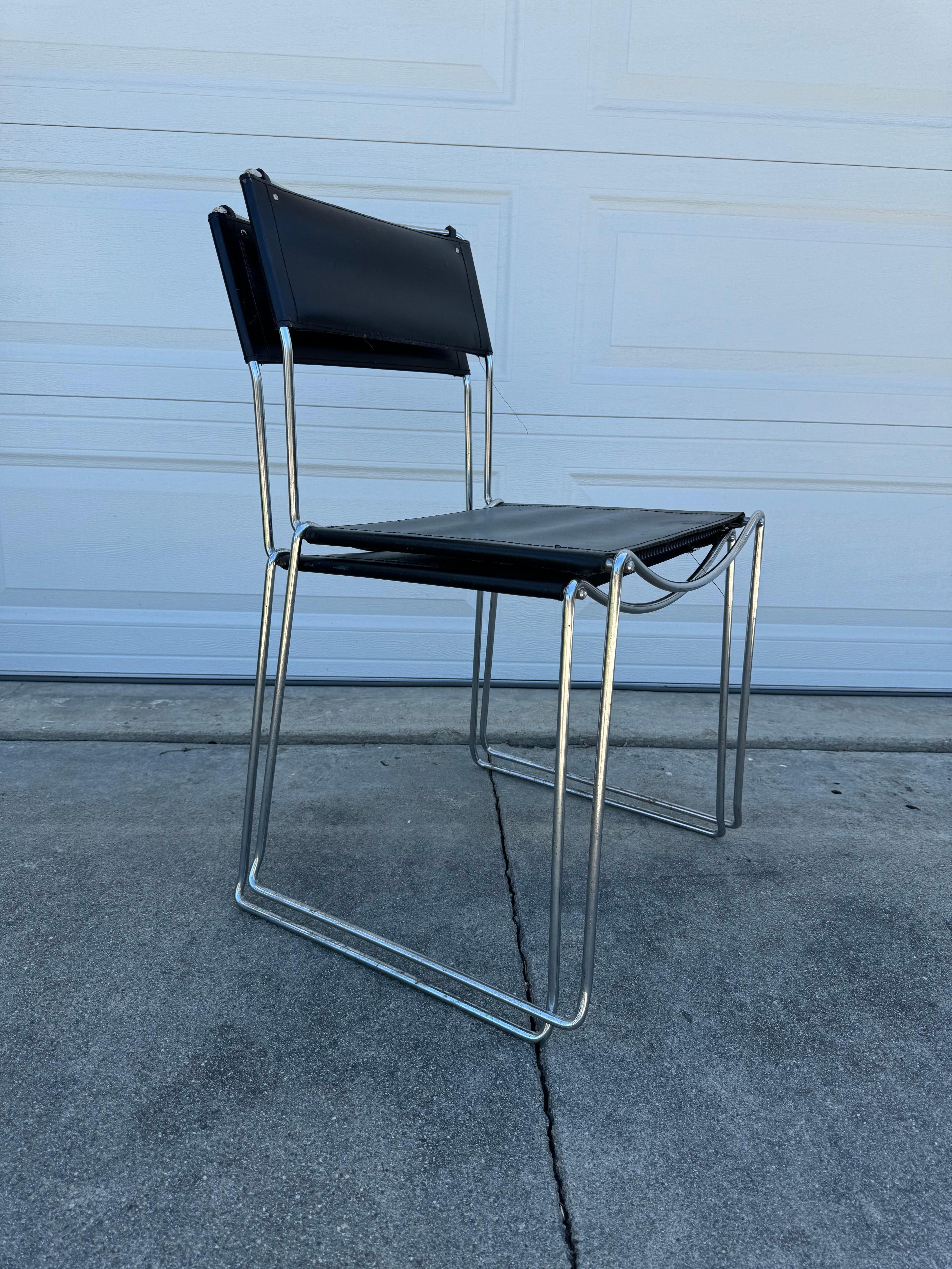 1980's Giandomenico Belotti Black Leather Dining Chairs, A Pair - Made in Italy For Sale 1