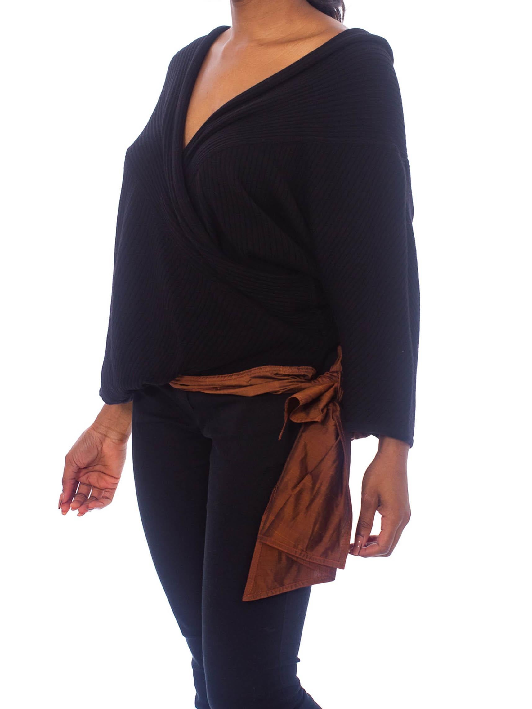 1980S GIANFRANCO FERRE Black Wool Knit Ribbed Wrap Sweater Top With Silk Taffet For Sale 1